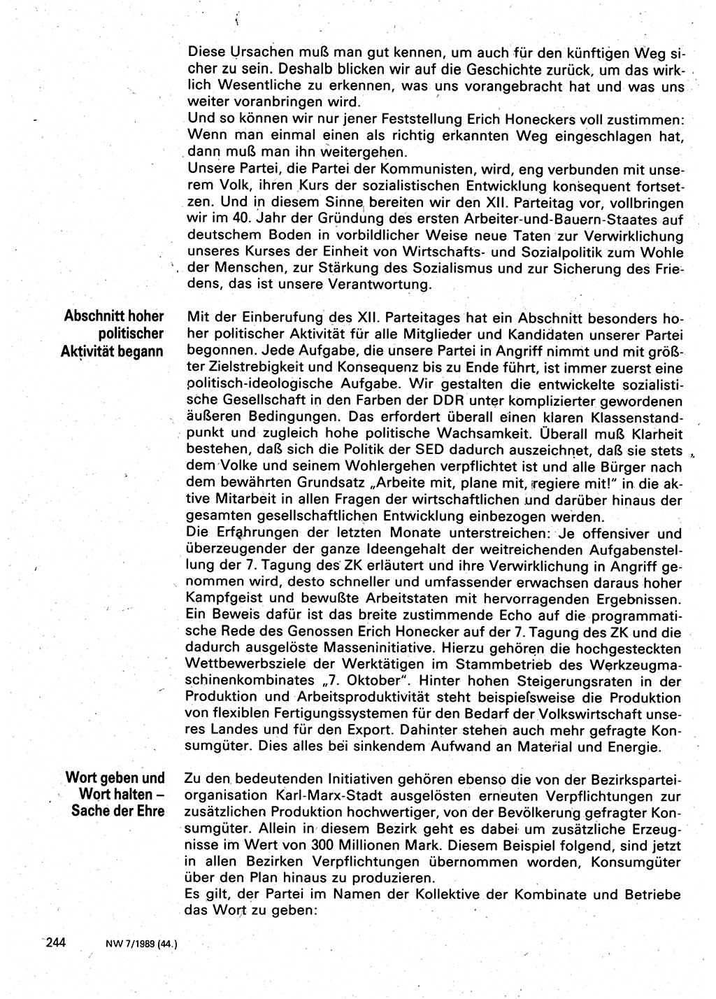 Neuer Weg (NW), Organ des Zentralkomitees (ZK) der SED (Sozialistische Einheitspartei Deutschlands) für Fragen des Parteilebens, 44. Jahrgang [Deutsche Demokratische Republik (DDR)] 1989, Seite 244 (NW ZK SED DDR 1989, S. 244)