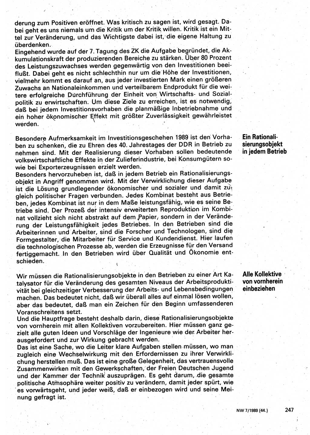 Neuer Weg (NW), Organ des Zentralkomitees (ZK) der SED (Sozialistische Einheitspartei Deutschlands) für Fragen des Parteilebens, 44. Jahrgang [Deutsche Demokratische Republik (DDR)] 1989, Seite 247 (NW ZK SED DDR 1989, S. 247)