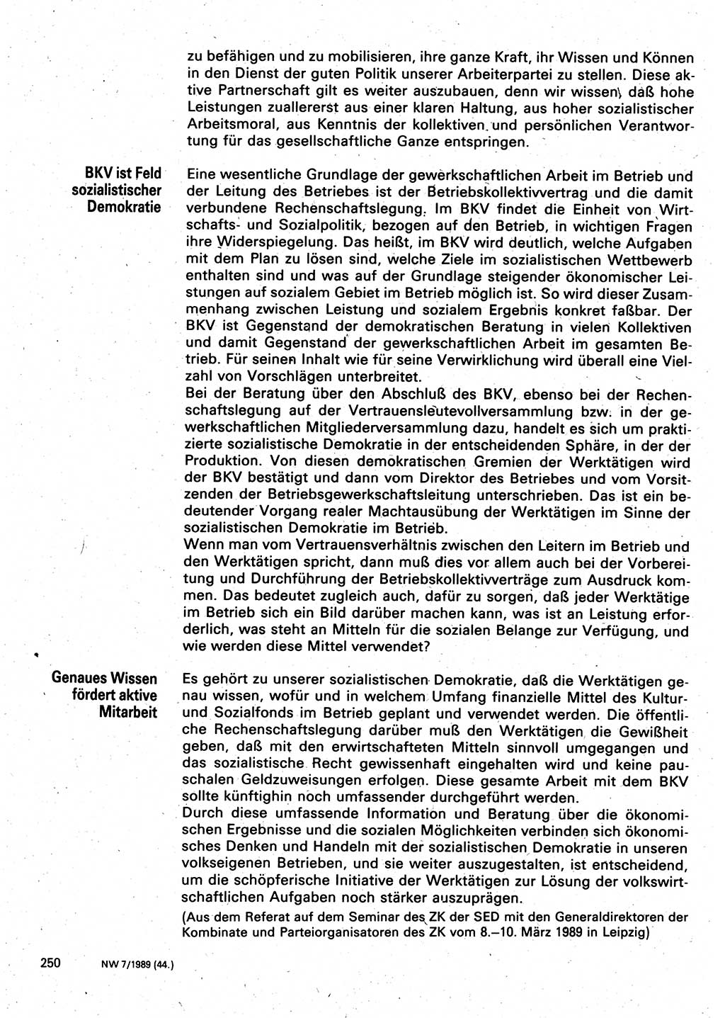 Neuer Weg (NW), Organ des Zentralkomitees (ZK) der SED (Sozialistische Einheitspartei Deutschlands) für Fragen des Parteilebens, 44. Jahrgang [Deutsche Demokratische Republik (DDR)] 1989, Seite 250 (NW ZK SED DDR 1989, S. 250)