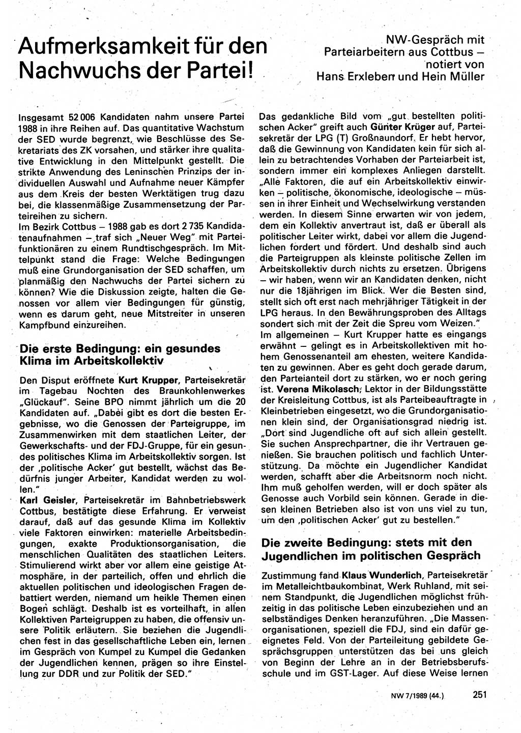 Neuer Weg (NW), Organ des Zentralkomitees (ZK) der SED (Sozialistische Einheitspartei Deutschlands) für Fragen des Parteilebens, 44. Jahrgang [Deutsche Demokratische Republik (DDR)] 1989, Seite 251 (NW ZK SED DDR 1989, S. 251)