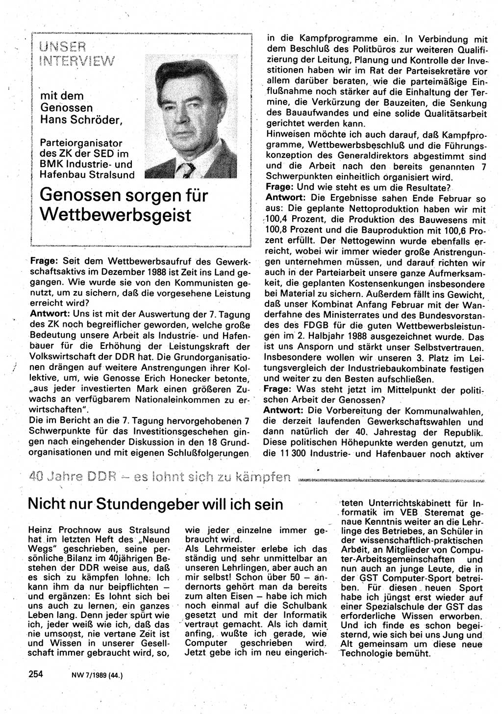 Neuer Weg (NW), Organ des Zentralkomitees (ZK) der SED (Sozialistische Einheitspartei Deutschlands) für Fragen des Parteilebens, 44. Jahrgang [Deutsche Demokratische Republik (DDR)] 1989, Seite 254 (NW ZK SED DDR 1989, S. 254)