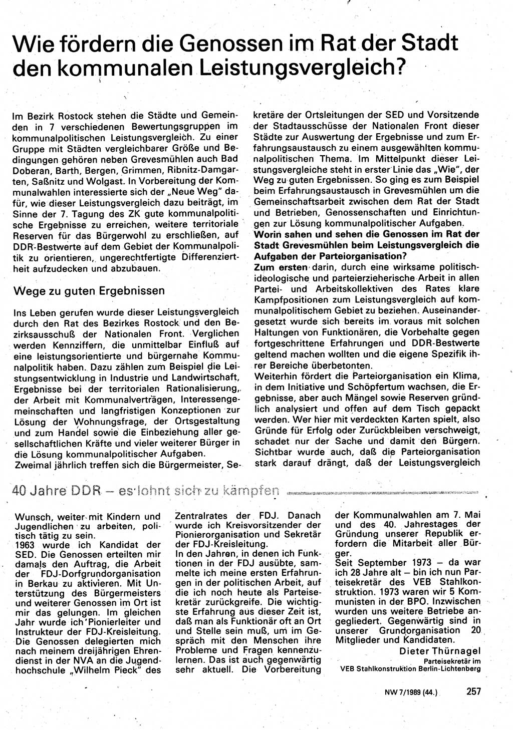 Neuer Weg (NW), Organ des Zentralkomitees (ZK) der SED (Sozialistische Einheitspartei Deutschlands) für Fragen des Parteilebens, 44. Jahrgang [Deutsche Demokratische Republik (DDR)] 1989, Seite 257 (NW ZK SED DDR 1989, S. 257)