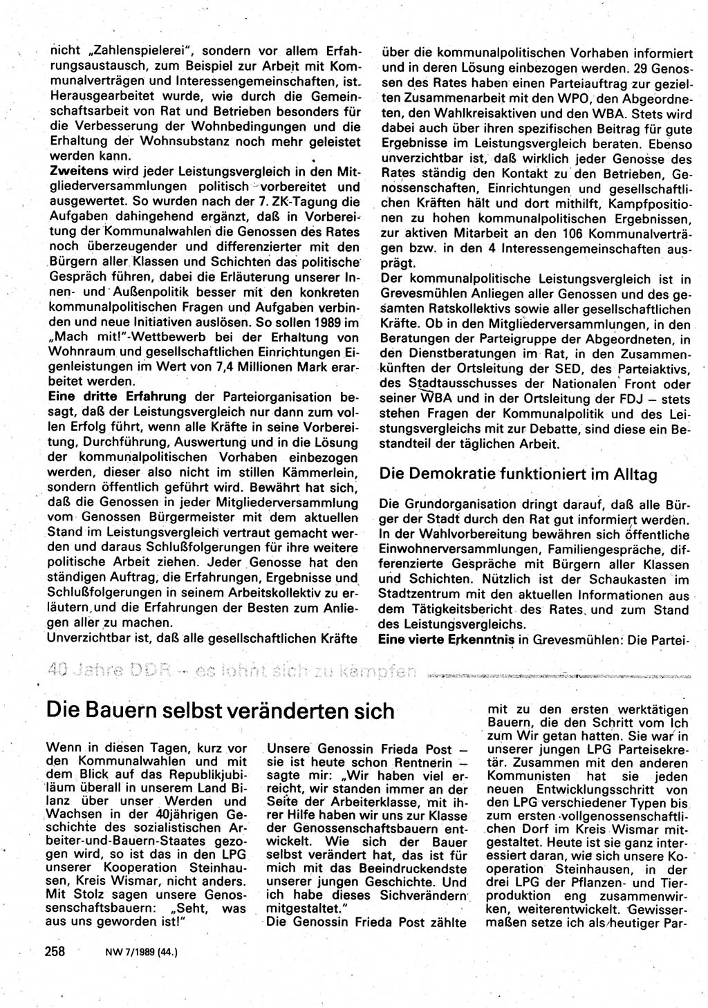 Neuer Weg (NW), Organ des Zentralkomitees (ZK) der SED (Sozialistische Einheitspartei Deutschlands) für Fragen des Parteilebens, 44. Jahrgang [Deutsche Demokratische Republik (DDR)] 1989, Seite 258 (NW ZK SED DDR 1989, S. 258)