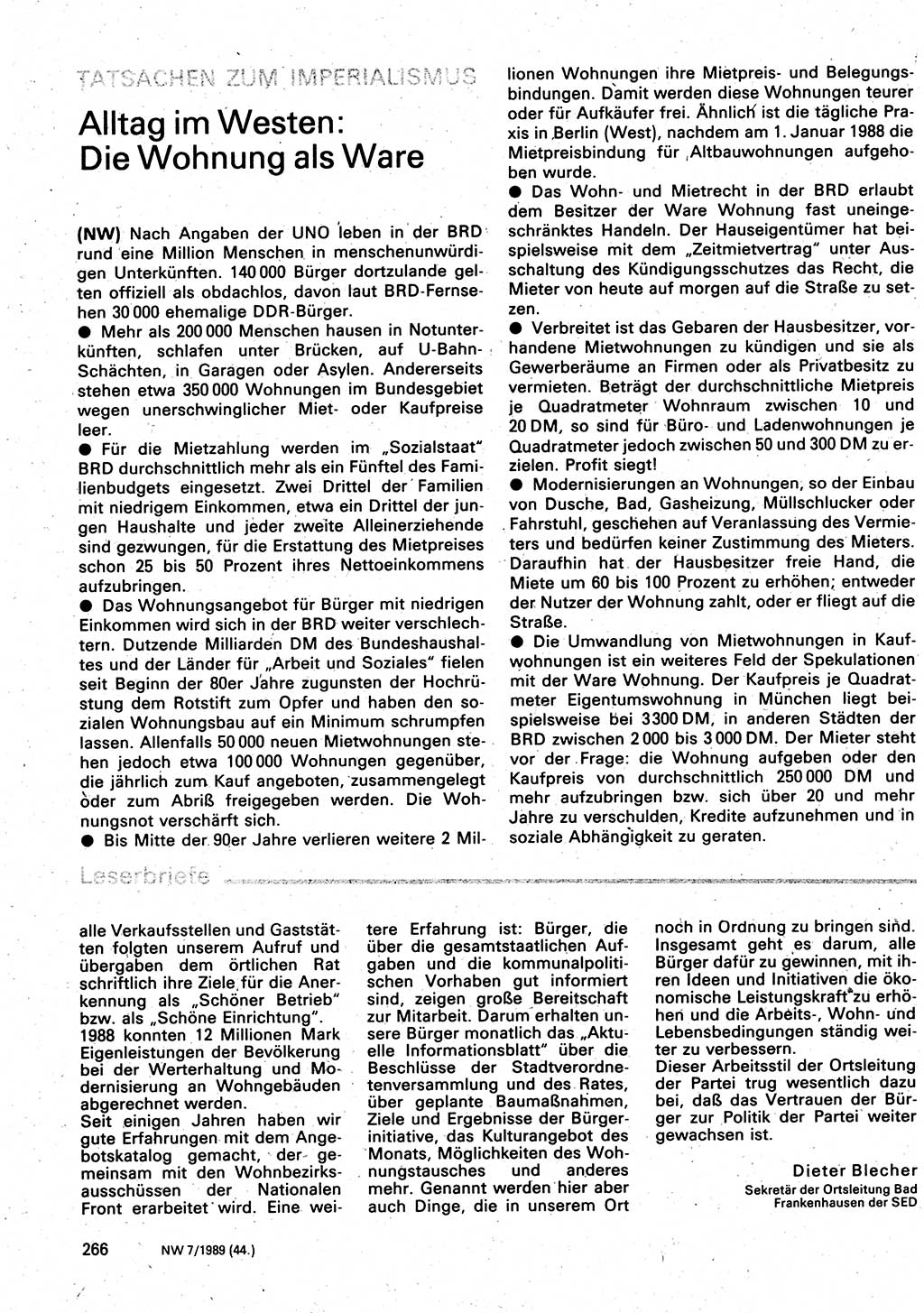Neuer Weg (NW), Organ des Zentralkomitees (ZK) der SED (Sozialistische Einheitspartei Deutschlands) für Fragen des Parteilebens, 44. Jahrgang [Deutsche Demokratische Republik (DDR)] 1989, Seite 266 (NW ZK SED DDR 1989, S. 266)