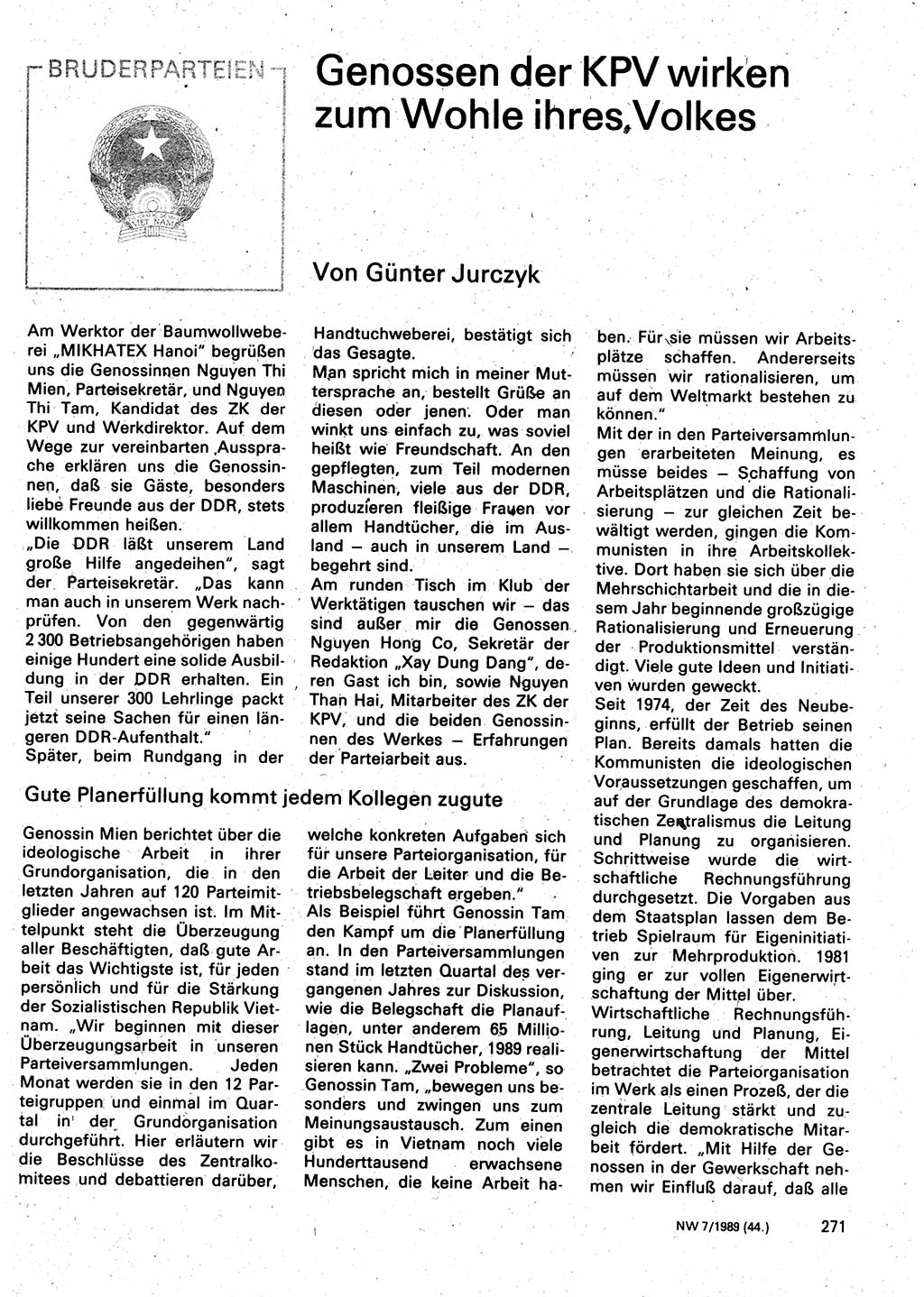 Neuer Weg (NW), Organ des Zentralkomitees (ZK) der SED (Sozialistische Einheitspartei Deutschlands) für Fragen des Parteilebens, 44. Jahrgang [Deutsche Demokratische Republik (DDR)] 1989, Seite 271 (NW ZK SED DDR 1989, S. 271)