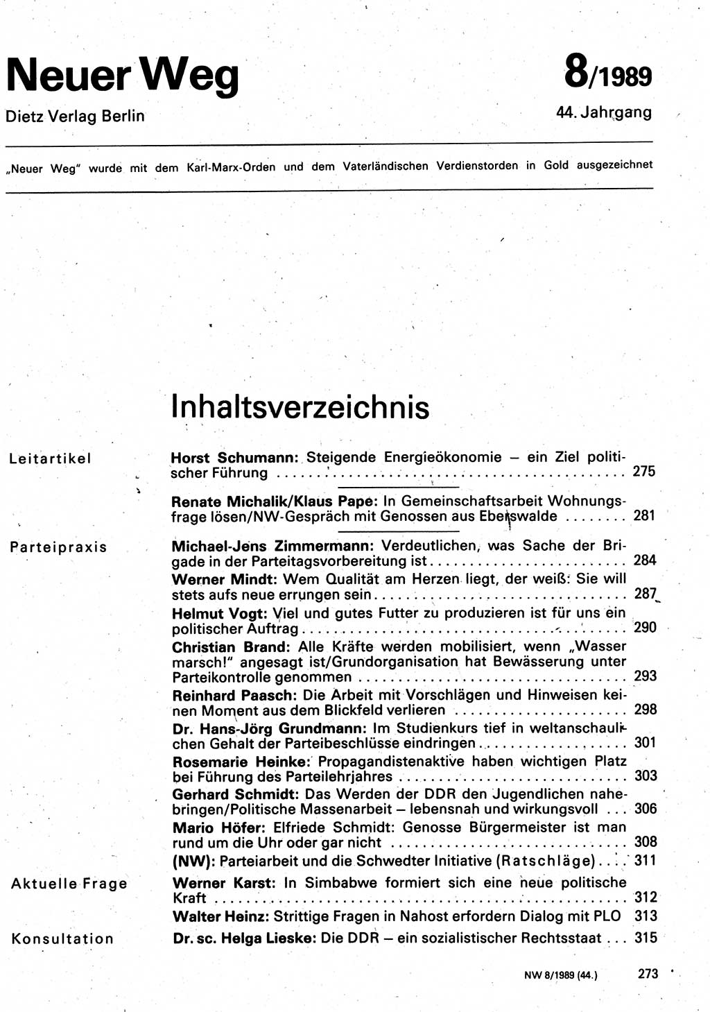Neuer Weg (NW), Organ des Zentralkomitees (ZK) der SED (Sozialistische Einheitspartei Deutschlands) für Fragen des Parteilebens, 44. Jahrgang [Deutsche Demokratische Republik (DDR)] 1989, Seite 273 (NW ZK SED DDR 1989, S. 273)
