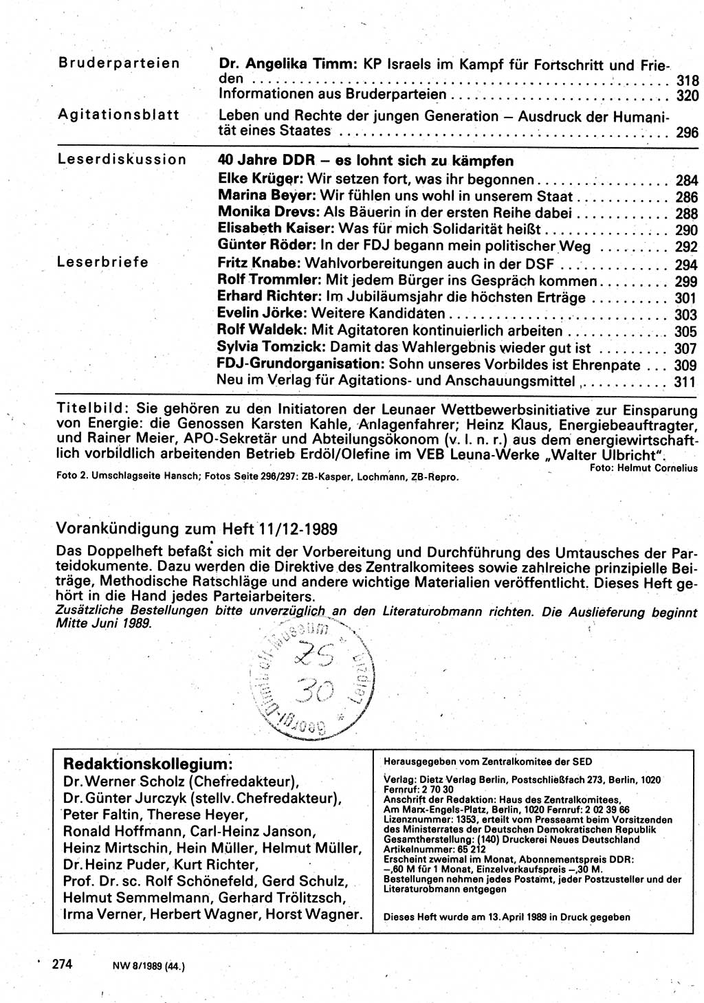 Neuer Weg (NW), Organ des Zentralkomitees (ZK) der SED (Sozialistische Einheitspartei Deutschlands) für Fragen des Parteilebens, 44. Jahrgang [Deutsche Demokratische Republik (DDR)] 1989, Seite 274 (NW ZK SED DDR 1989, S. 274)