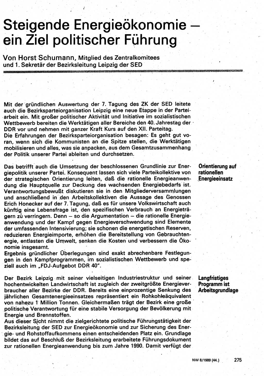 Neuer Weg (NW), Organ des Zentralkomitees (ZK) der SED (Sozialistische Einheitspartei Deutschlands) für Fragen des Parteilebens, 44. Jahrgang [Deutsche Demokratische Republik (DDR)] 1989, Seite 275 (NW ZK SED DDR 1989, S. 275)