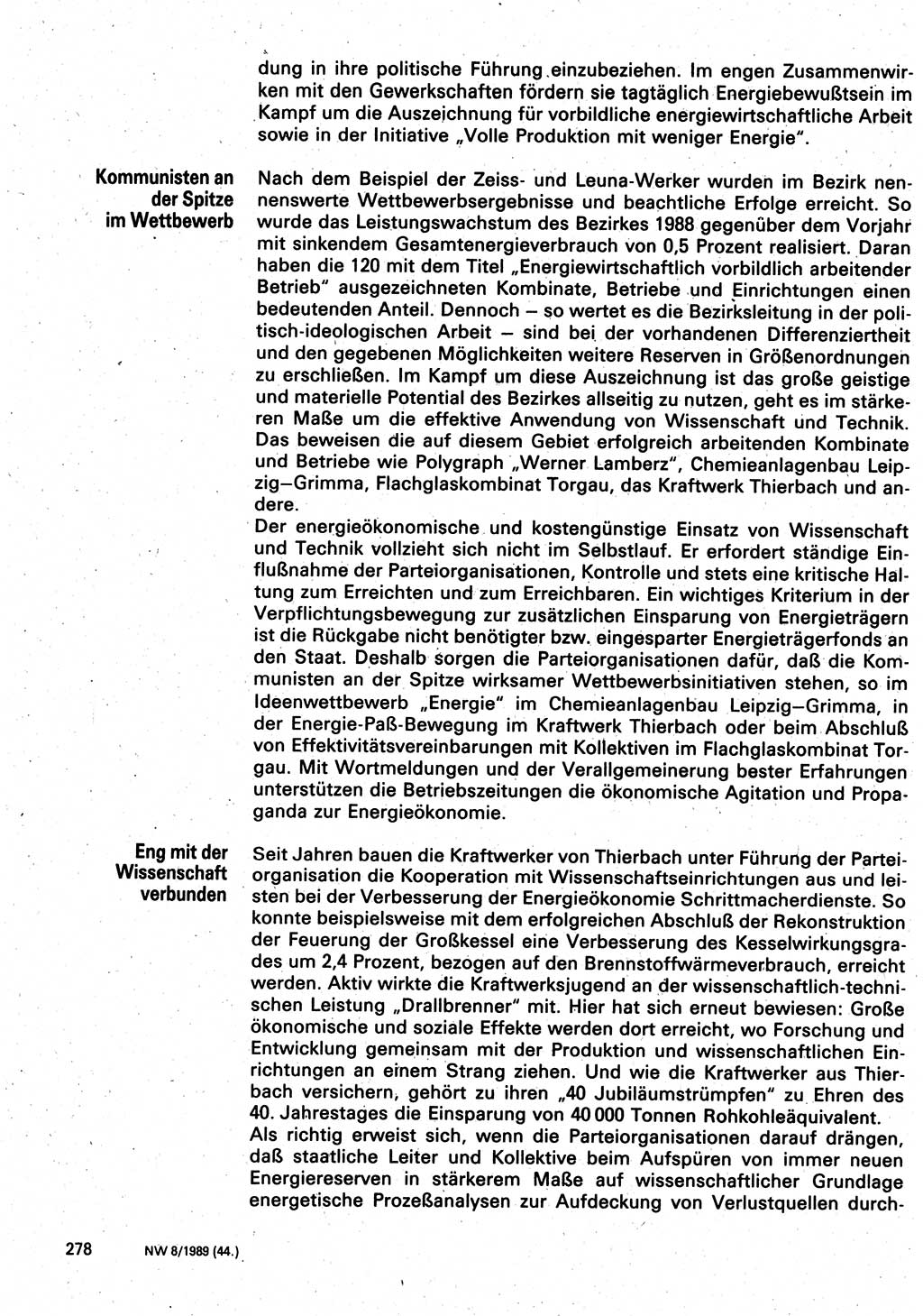 Neuer Weg (NW), Organ des Zentralkomitees (ZK) der SED (Sozialistische Einheitspartei Deutschlands) für Fragen des Parteilebens, 44. Jahrgang [Deutsche Demokratische Republik (DDR)] 1989, Seite 278 (NW ZK SED DDR 1989, S. 278)