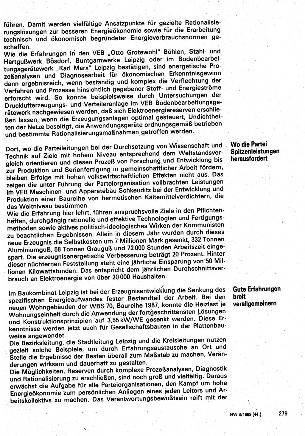 Neuer Weg (NW), Organ des Zentralkomitees (ZK) der SED (Sozialistische Einheitspartei Deutschlands) für Fragen des Parteilebens, 44. Jahrgang [Deutsche Demokratische Republik (DDR)] 1989, Seite 279 (NW ZK SED DDR 1989, S. 279)