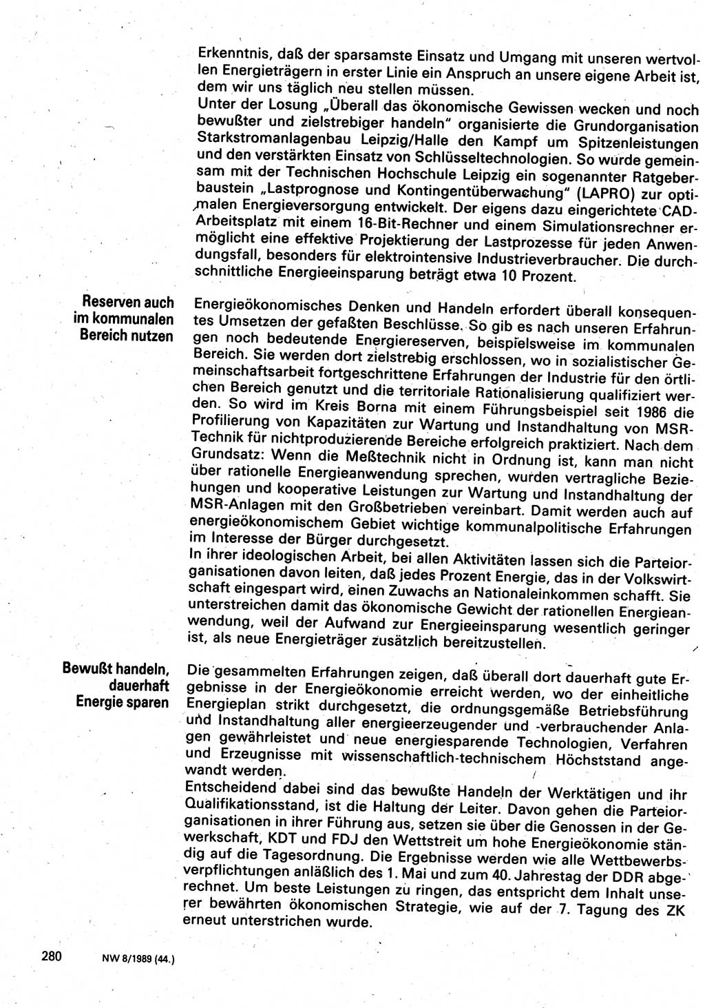 Neuer Weg (NW), Organ des Zentralkomitees (ZK) der SED (Sozialistische Einheitspartei Deutschlands) für Fragen des Parteilebens, 44. Jahrgang [Deutsche Demokratische Republik (DDR)] 1989, Seite 280 (NW ZK SED DDR 1989, S. 280)