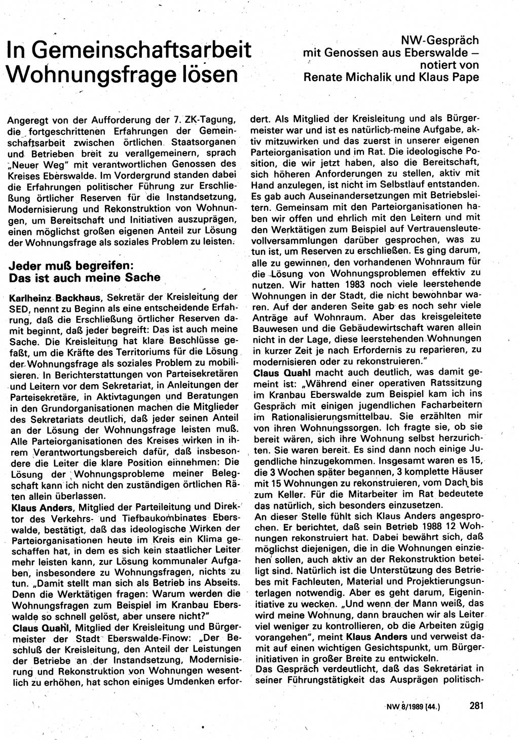 Neuer Weg (NW), Organ des Zentralkomitees (ZK) der SED (Sozialistische Einheitspartei Deutschlands) für Fragen des Parteilebens, 44. Jahrgang [Deutsche Demokratische Republik (DDR)] 1989, Seite 281 (NW ZK SED DDR 1989, S. 281)