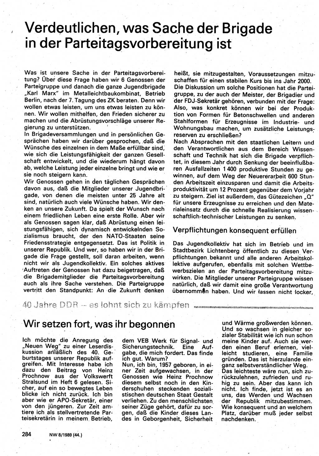 Neuer Weg (NW), Organ des Zentralkomitees (ZK) der SED (Sozialistische Einheitspartei Deutschlands) für Fragen des Parteilebens, 44. Jahrgang [Deutsche Demokratische Republik (DDR)] 1989, Seite 284 (NW ZK SED DDR 1989, S. 284)