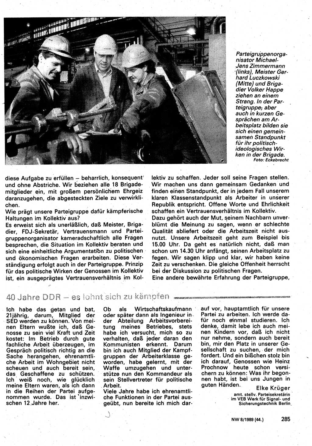 Neuer Weg (NW), Organ des Zentralkomitees (ZK) der SED (Sozialistische Einheitspartei Deutschlands) für Fragen des Parteilebens, 44. Jahrgang [Deutsche Demokratische Republik (DDR)] 1989, Seite 285 (NW ZK SED DDR 1989, S. 285)