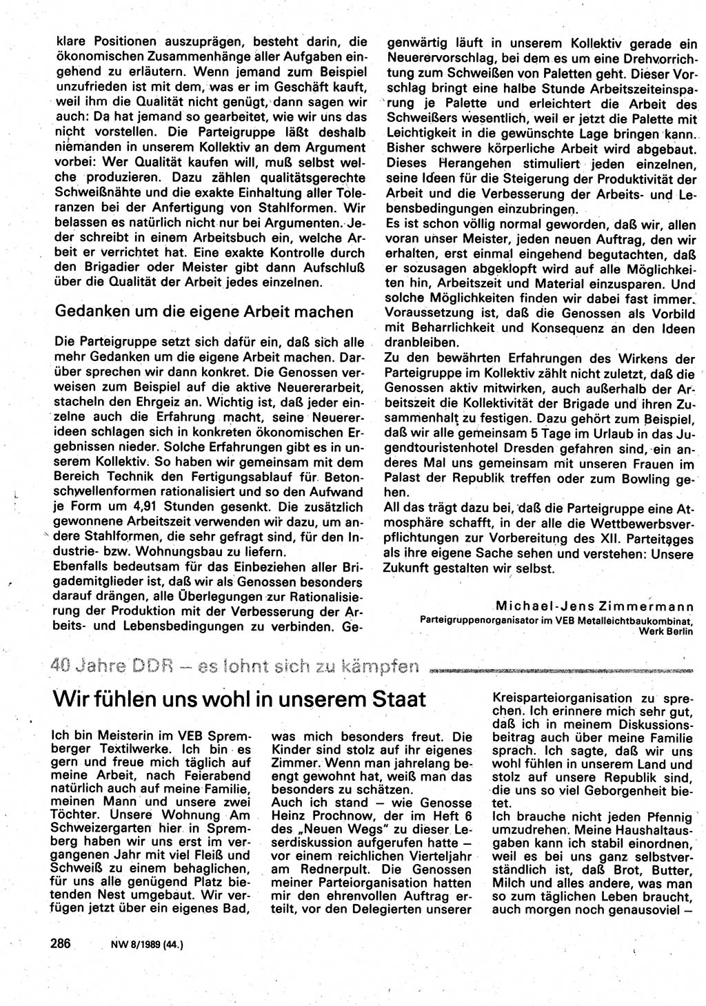 Neuer Weg (NW), Organ des Zentralkomitees (ZK) der SED (Sozialistische Einheitspartei Deutschlands) für Fragen des Parteilebens, 44. Jahrgang [Deutsche Demokratische Republik (DDR)] 1989, Seite 286 (NW ZK SED DDR 1989, S. 286)