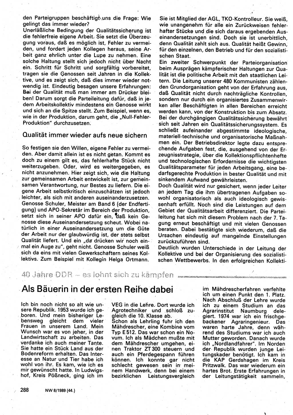 Neuer Weg (NW), Organ des Zentralkomitees (ZK) der SED (Sozialistische Einheitspartei Deutschlands) für Fragen des Parteilebens, 44. Jahrgang [Deutsche Demokratische Republik (DDR)] 1989, Seite 288 (NW ZK SED DDR 1989, S. 288)