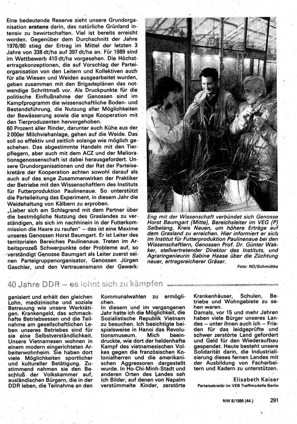 Neuer Weg (NW), Organ des Zentralkomitees (ZK) der SED (Sozialistische Einheitspartei Deutschlands) für Fragen des Parteilebens, 44. Jahrgang [Deutsche Demokratische Republik (DDR)] 1989, Seite 291 (NW ZK SED DDR 1989, S. 291)