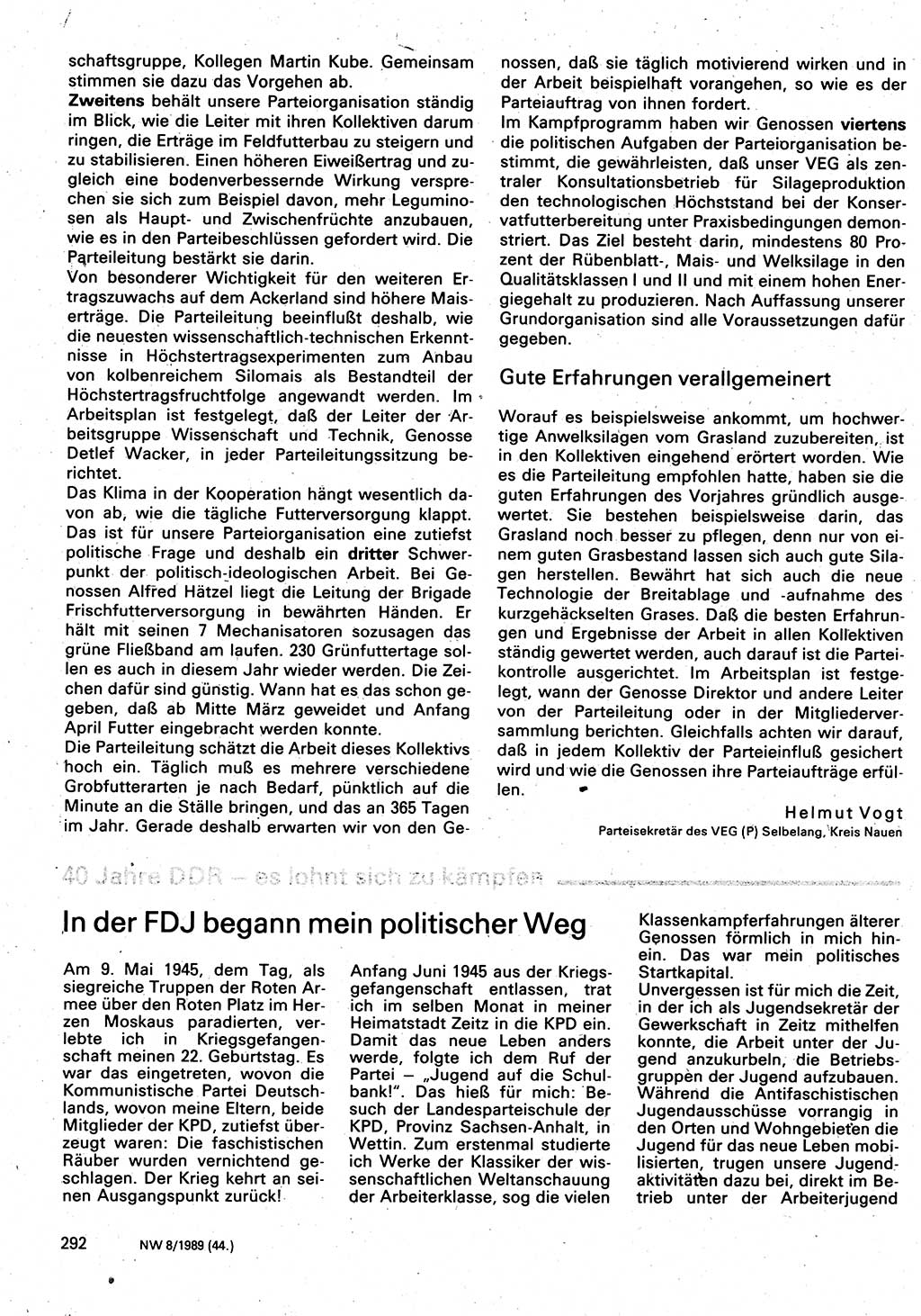 Neuer Weg (NW), Organ des Zentralkomitees (ZK) der SED (Sozialistische Einheitspartei Deutschlands) für Fragen des Parteilebens, 44. Jahrgang [Deutsche Demokratische Republik (DDR)] 1989, Seite 292 (NW ZK SED DDR 1989, S. 292)