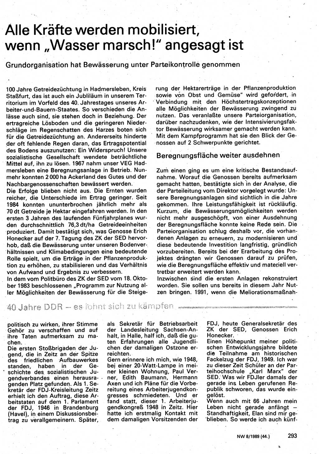 Neuer Weg (NW), Organ des Zentralkomitees (ZK) der SED (Sozialistische Einheitspartei Deutschlands) für Fragen des Parteilebens, 44. Jahrgang [Deutsche Demokratische Republik (DDR)] 1989, Seite 293 (NW ZK SED DDR 1989, S. 293)