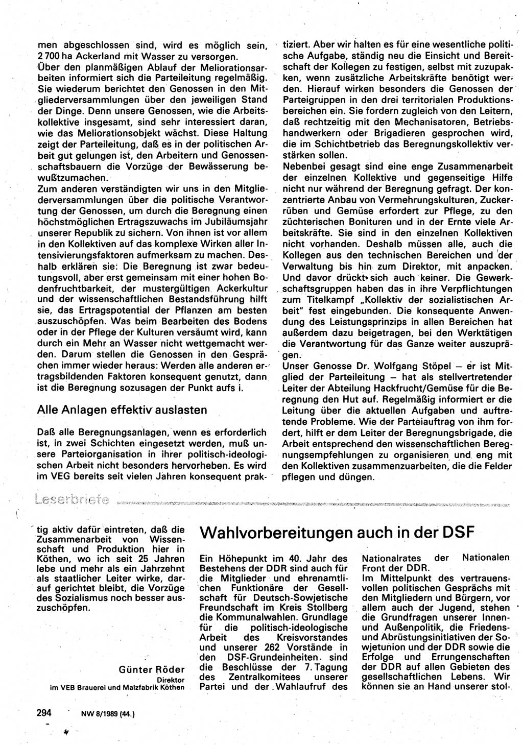 Neuer Weg (NW), Organ des Zentralkomitees (ZK) der SED (Sozialistische Einheitspartei Deutschlands) für Fragen des Parteilebens, 44. Jahrgang [Deutsche Demokratische Republik (DDR)] 1989, Seite 294 (NW ZK SED DDR 1989, S. 294)