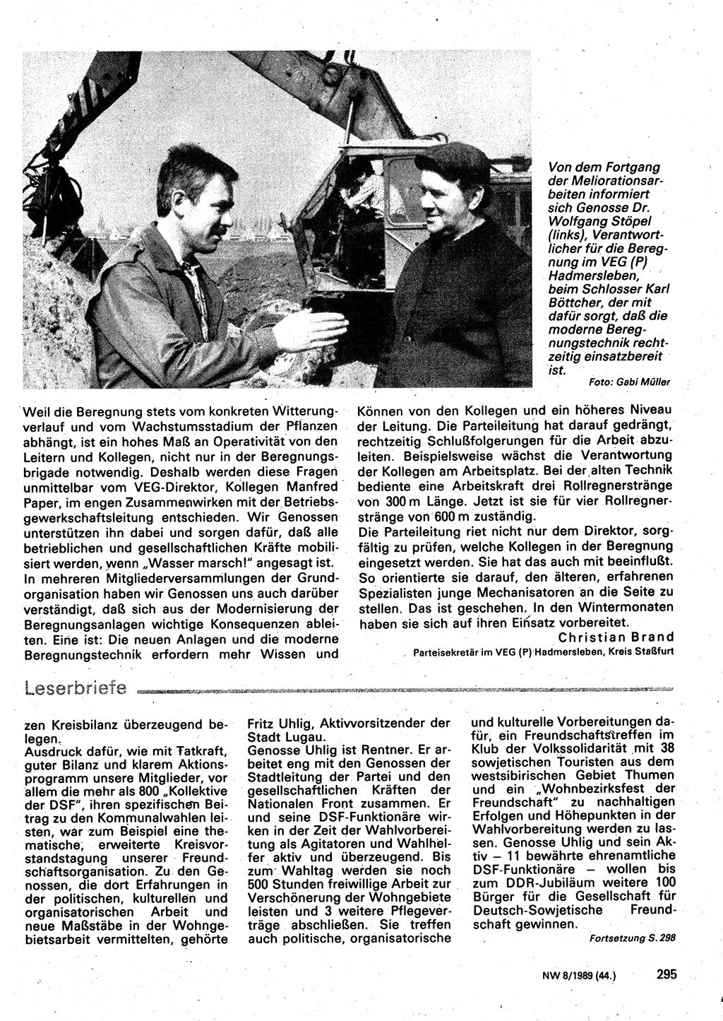 Neuer Weg (NW), Organ des Zentralkomitees (ZK) der SED (Sozialistische Einheitspartei Deutschlands) für Fragen des Parteilebens, 44. Jahrgang [Deutsche Demokratische Republik (DDR)] 1989, Seite 295 (NW ZK SED DDR 1989, S. 295)