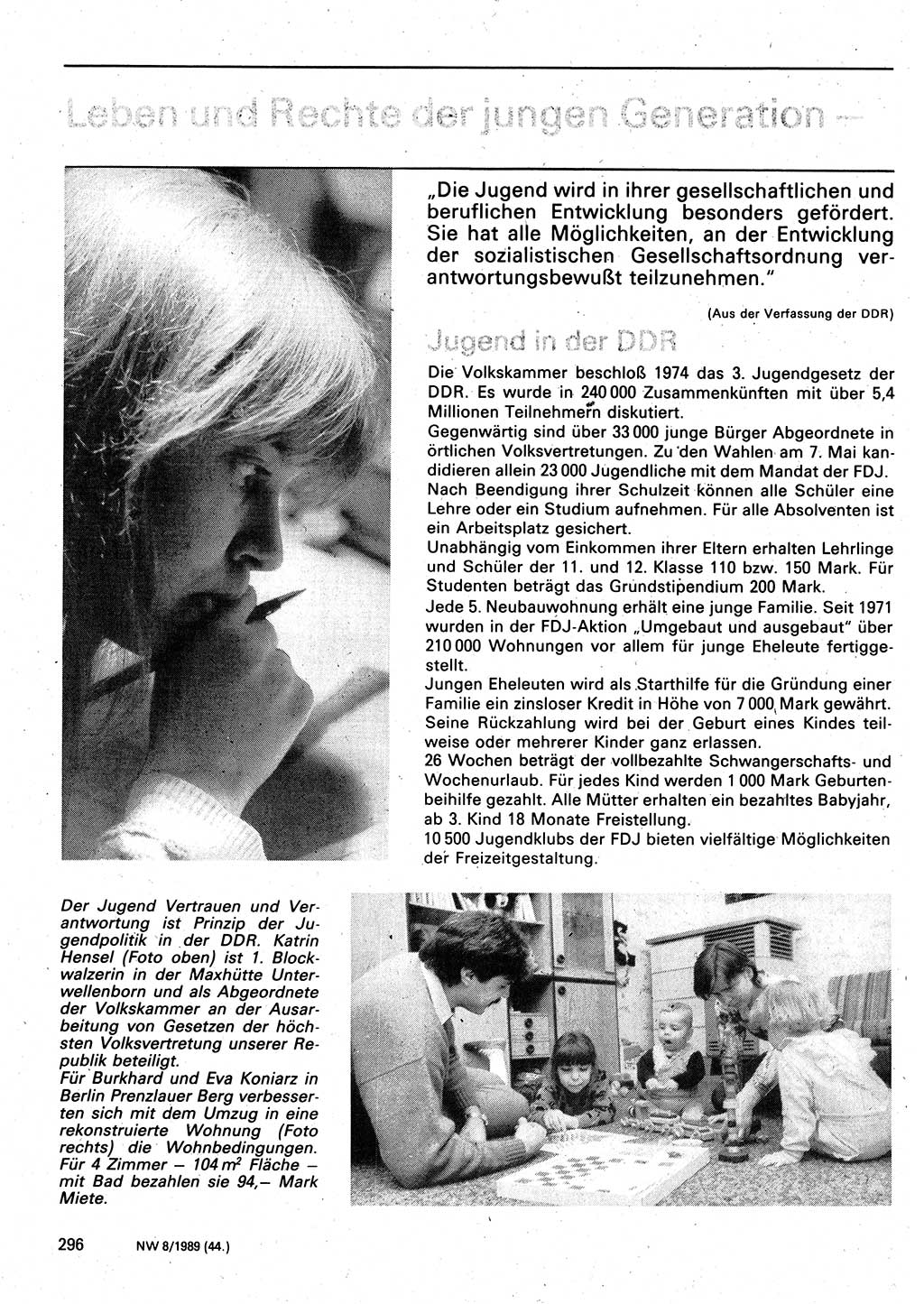 Neuer Weg (NW), Organ des Zentralkomitees (ZK) der SED (Sozialistische Einheitspartei Deutschlands) für Fragen des Parteilebens, 44. Jahrgang [Deutsche Demokratische Republik (DDR)] 1989, Seite 296 (NW ZK SED DDR 1989, S. 296)