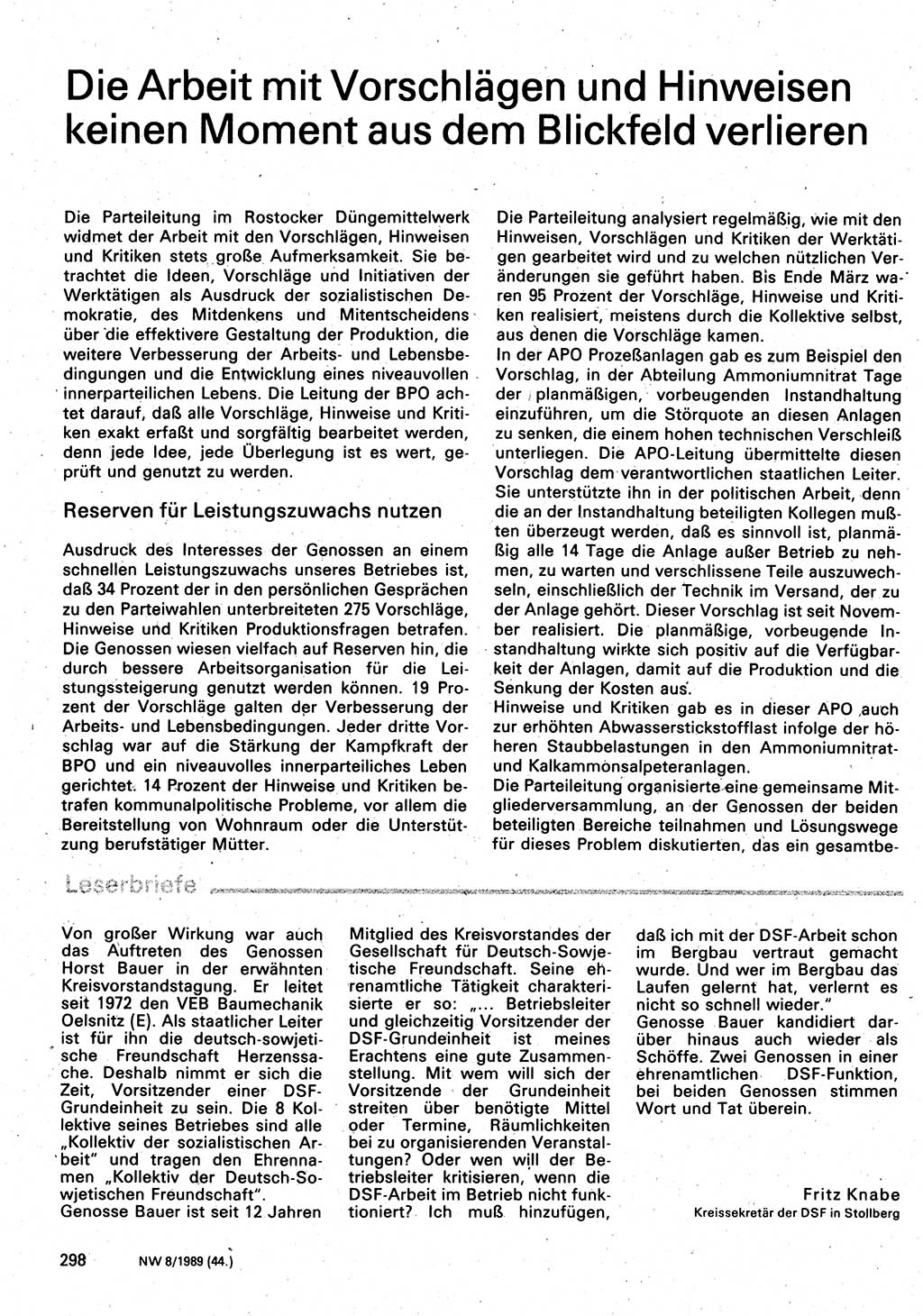 Neuer Weg (NW), Organ des Zentralkomitees (ZK) der SED (Sozialistische Einheitspartei Deutschlands) für Fragen des Parteilebens, 44. Jahrgang [Deutsche Demokratische Republik (DDR)] 1989, Seite 298 (NW ZK SED DDR 1989, S. 298)