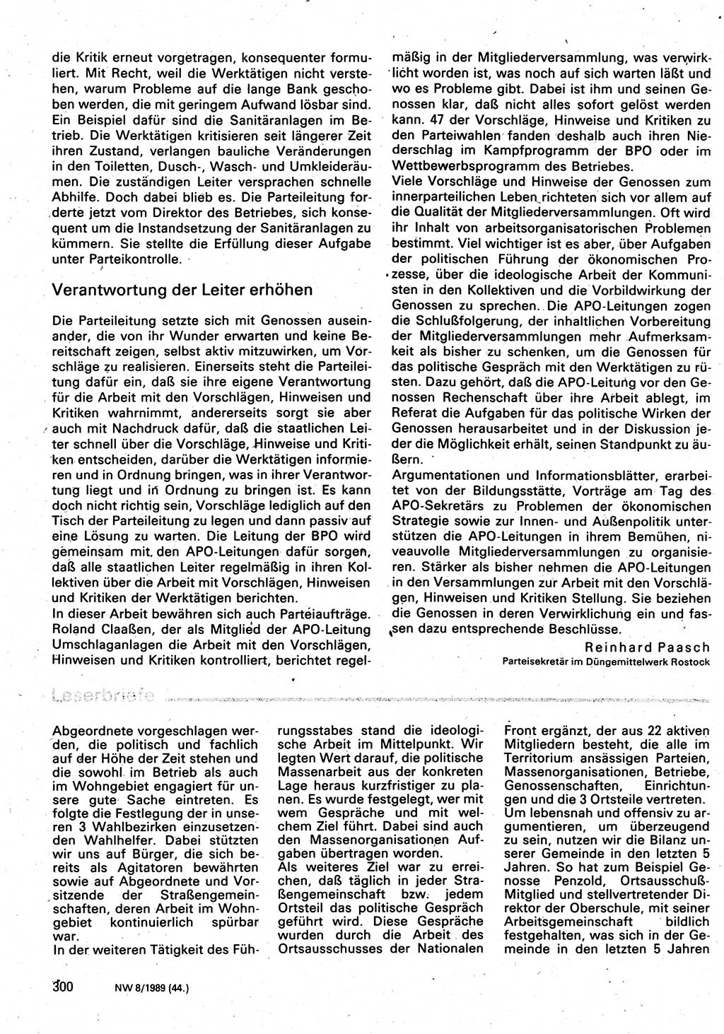 Neuer Weg (NW), Organ des Zentralkomitees (ZK) der SED (Sozialistische Einheitspartei Deutschlands) für Fragen des Parteilebens, 44. Jahrgang [Deutsche Demokratische Republik (DDR)] 1989, Seite 300 (NW ZK SED DDR 1989, S. 300)