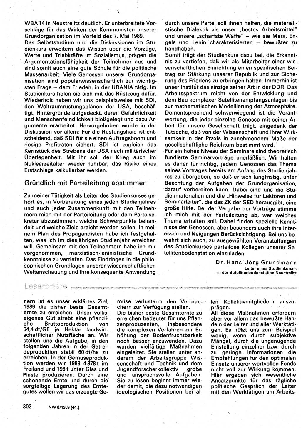 Neuer Weg (NW), Organ des Zentralkomitees (ZK) der SED (Sozialistische Einheitspartei Deutschlands) für Fragen des Parteilebens, 44. Jahrgang [Deutsche Demokratische Republik (DDR)] 1989, Seite 302 (NW ZK SED DDR 1989, S. 302)