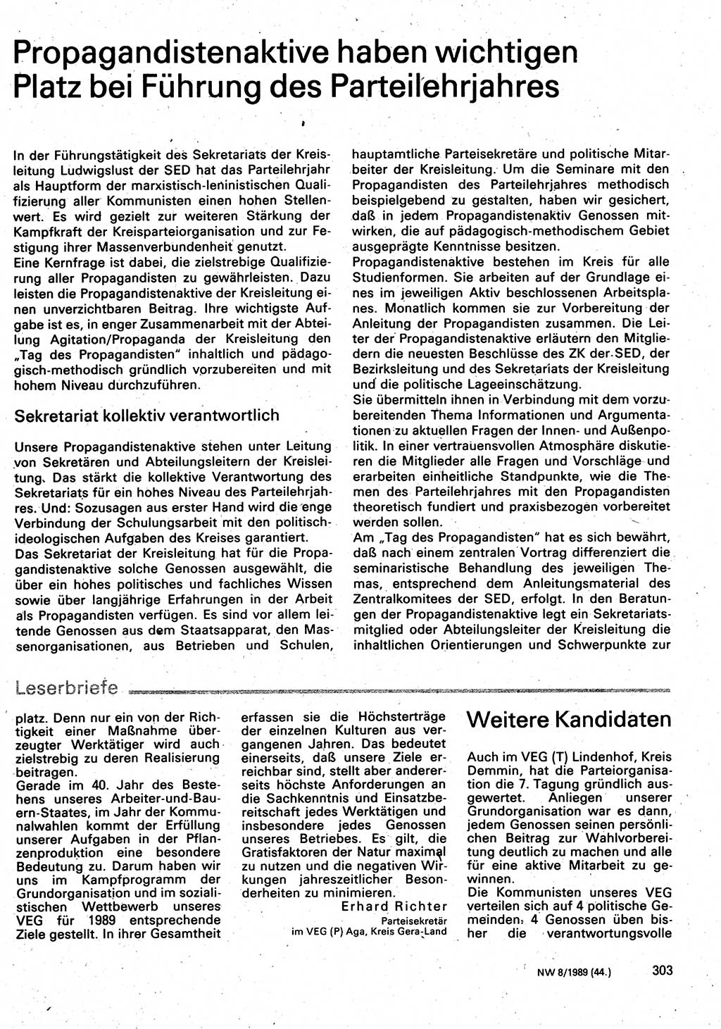 Neuer Weg (NW), Organ des Zentralkomitees (ZK) der SED (Sozialistische Einheitspartei Deutschlands) für Fragen des Parteilebens, 44. Jahrgang [Deutsche Demokratische Republik (DDR)] 1989, Seite 303 (NW ZK SED DDR 1989, S. 303)