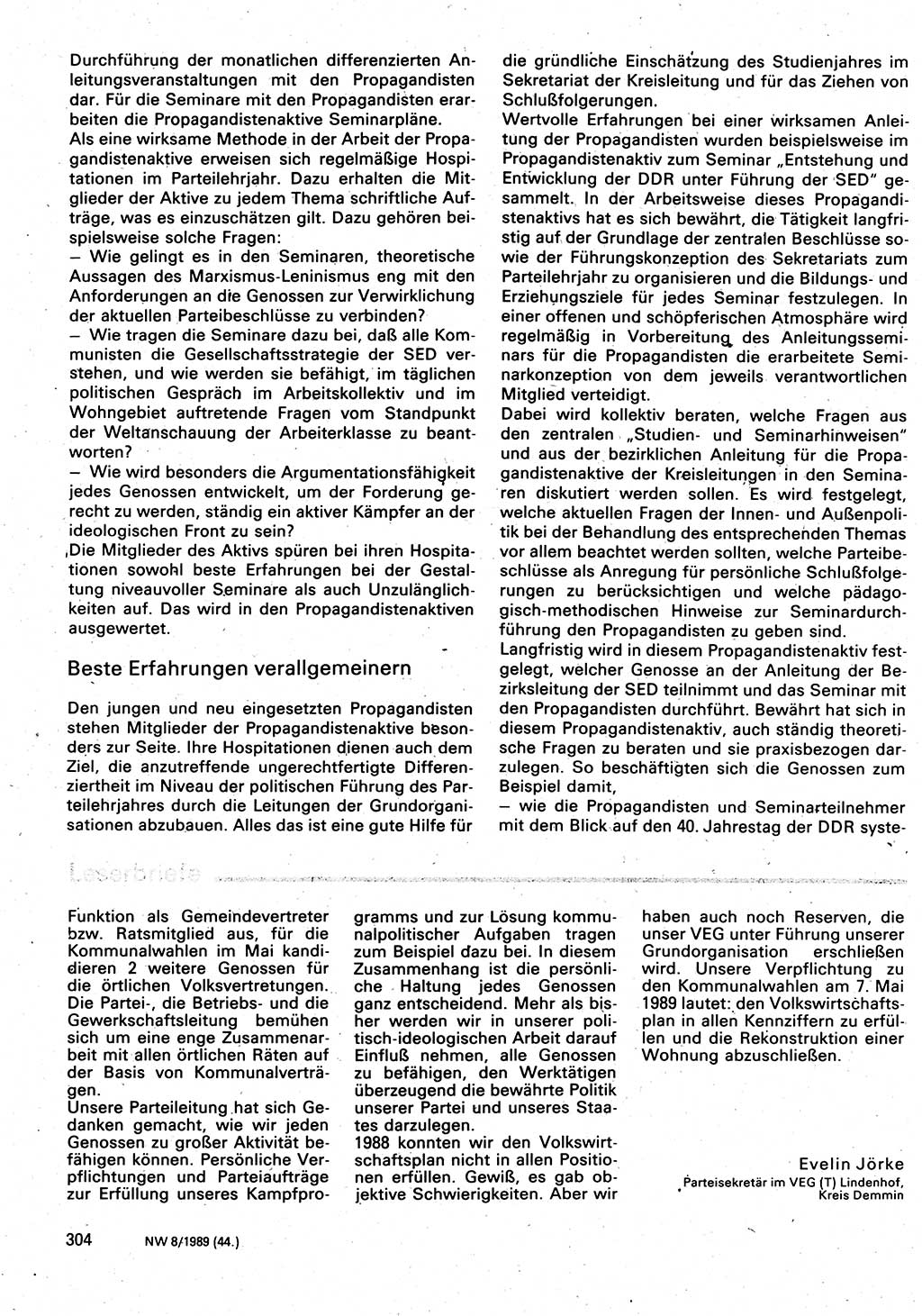 Neuer Weg (NW), Organ des Zentralkomitees (ZK) der SED (Sozialistische Einheitspartei Deutschlands) für Fragen des Parteilebens, 44. Jahrgang [Deutsche Demokratische Republik (DDR)] 1989, Seite 304 (NW ZK SED DDR 1989, S. 304)