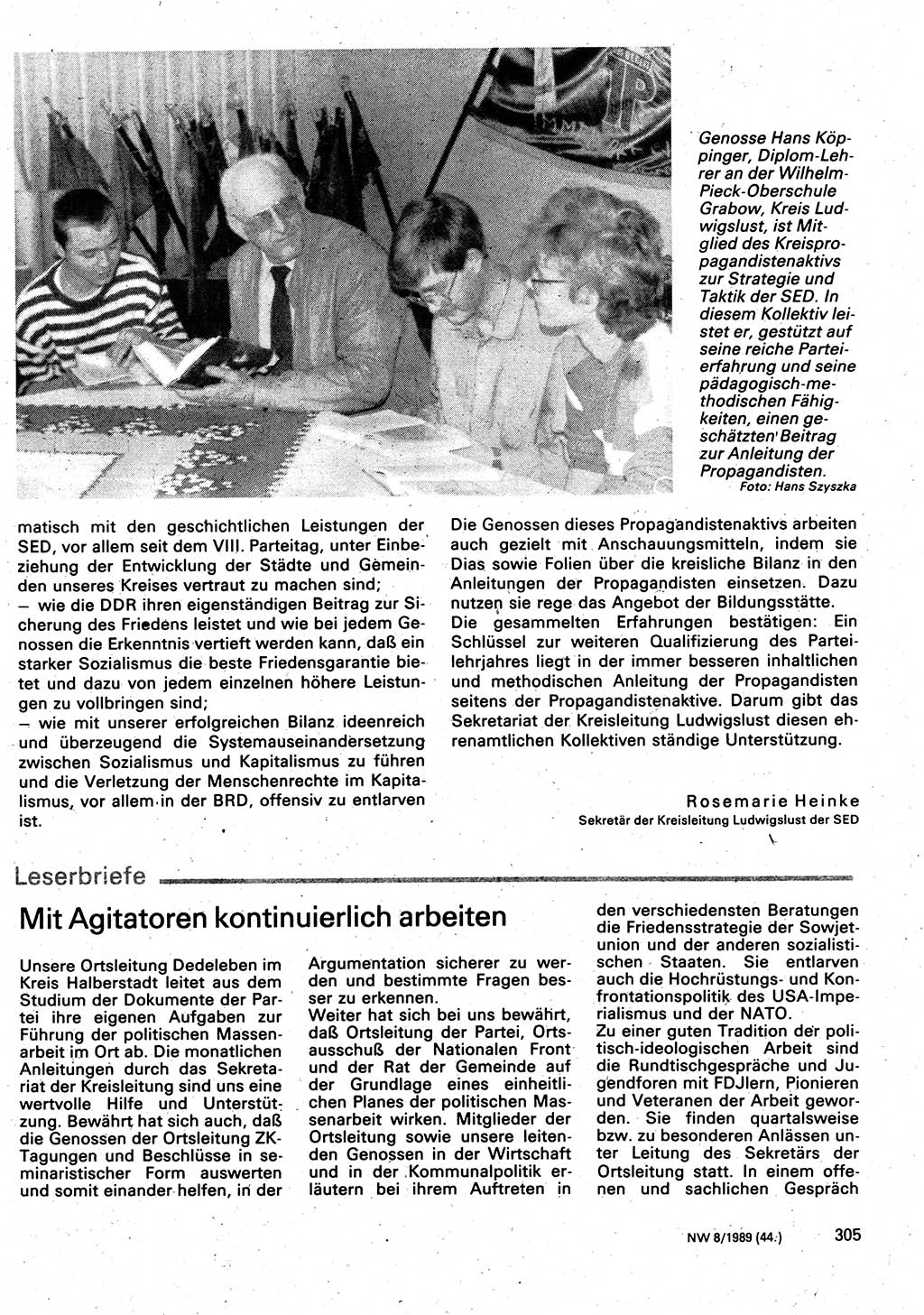Neuer Weg (NW), Organ des Zentralkomitees (ZK) der SED (Sozialistische Einheitspartei Deutschlands) für Fragen des Parteilebens, 44. Jahrgang [Deutsche Demokratische Republik (DDR)] 1989, Seite 305 (NW ZK SED DDR 1989, S. 305)