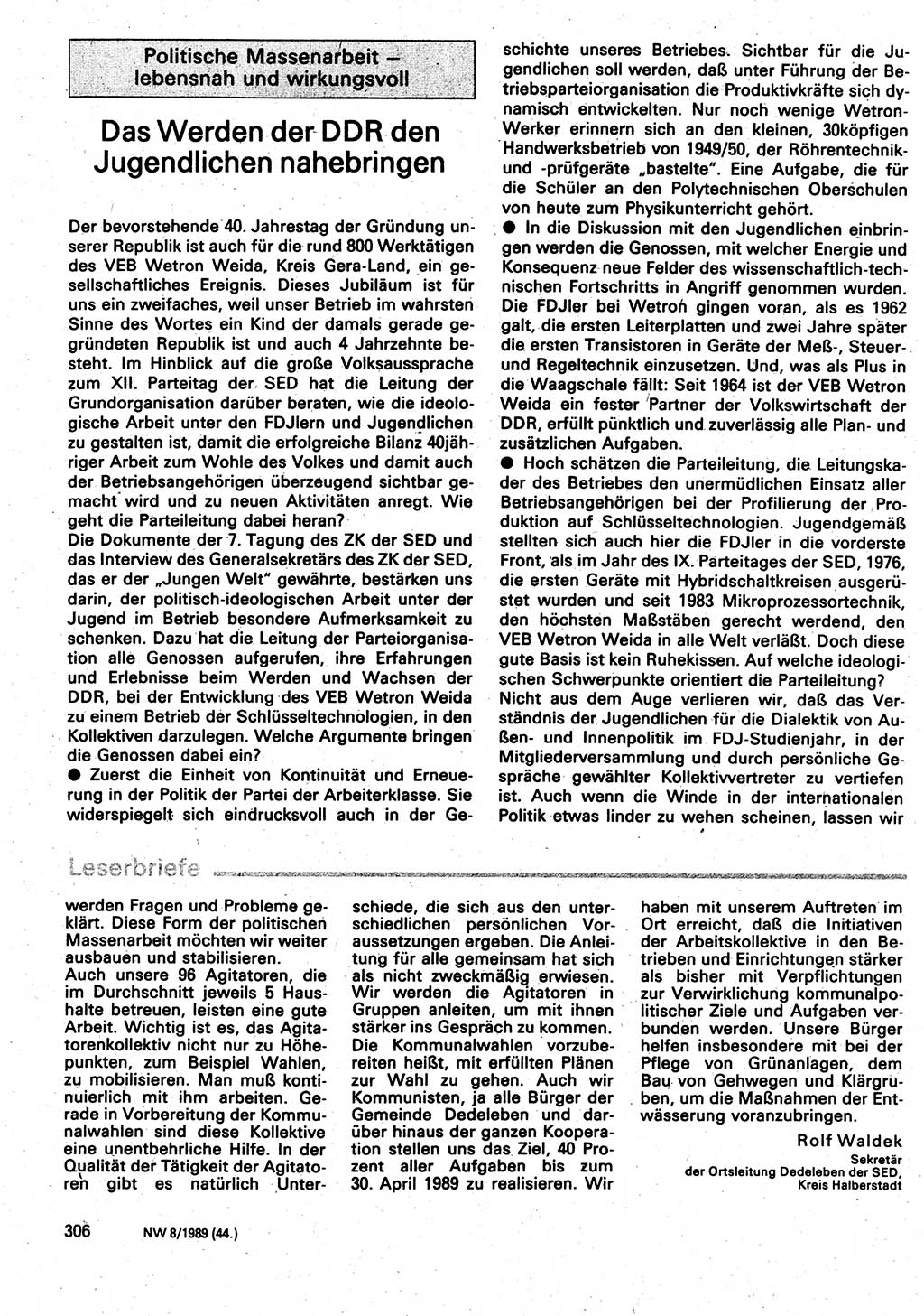 Neuer Weg (NW), Organ des Zentralkomitees (ZK) der SED (Sozialistische Einheitspartei Deutschlands) für Fragen des Parteilebens, 44. Jahrgang [Deutsche Demokratische Republik (DDR)] 1989, Seite 306 (NW ZK SED DDR 1989, S. 306)