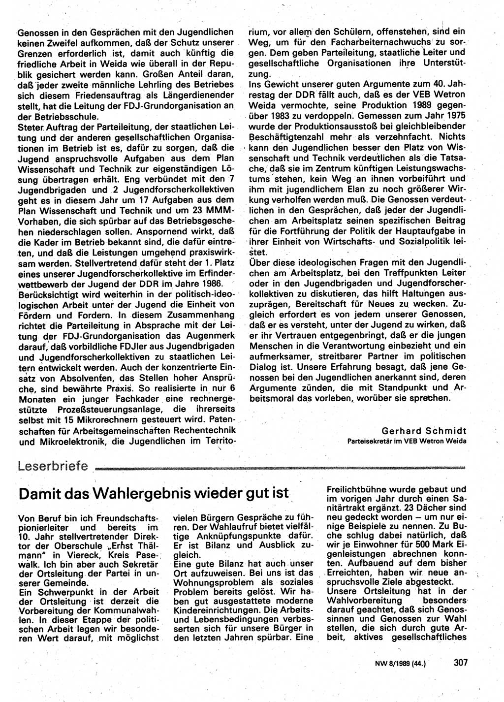 Neuer Weg (NW), Organ des Zentralkomitees (ZK) der SED (Sozialistische Einheitspartei Deutschlands) für Fragen des Parteilebens, 44. Jahrgang [Deutsche Demokratische Republik (DDR)] 1989, Seite 307 (NW ZK SED DDR 1989, S. 307)
