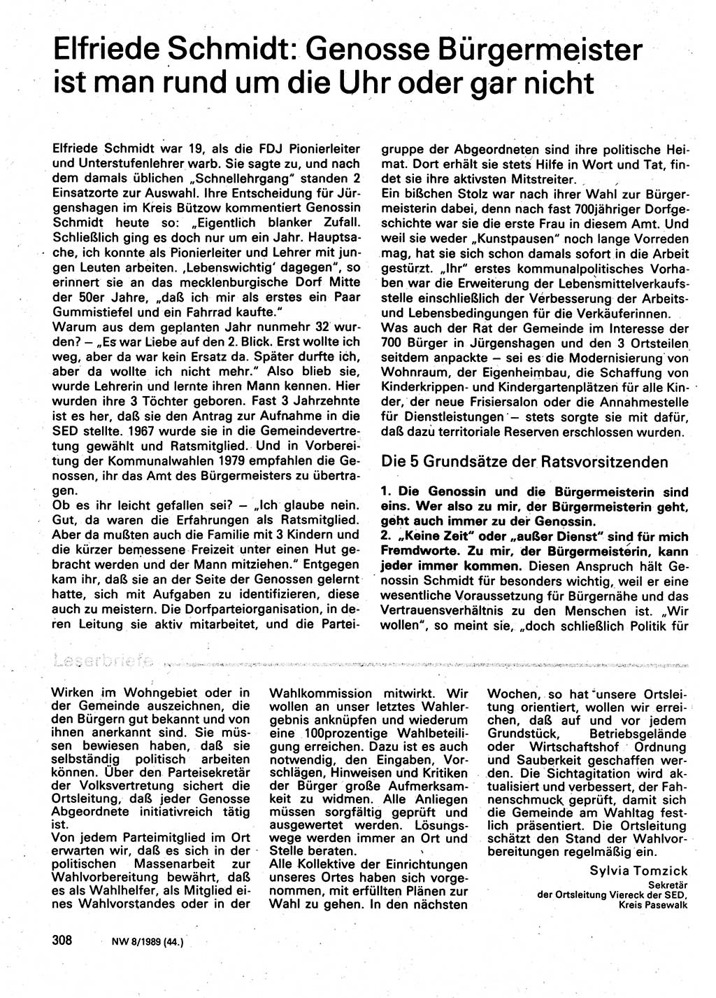 Neuer Weg (NW), Organ des Zentralkomitees (ZK) der SED (Sozialistische Einheitspartei Deutschlands) für Fragen des Parteilebens, 44. Jahrgang [Deutsche Demokratische Republik (DDR)] 1989, Seite 308 (NW ZK SED DDR 1989, S. 308)