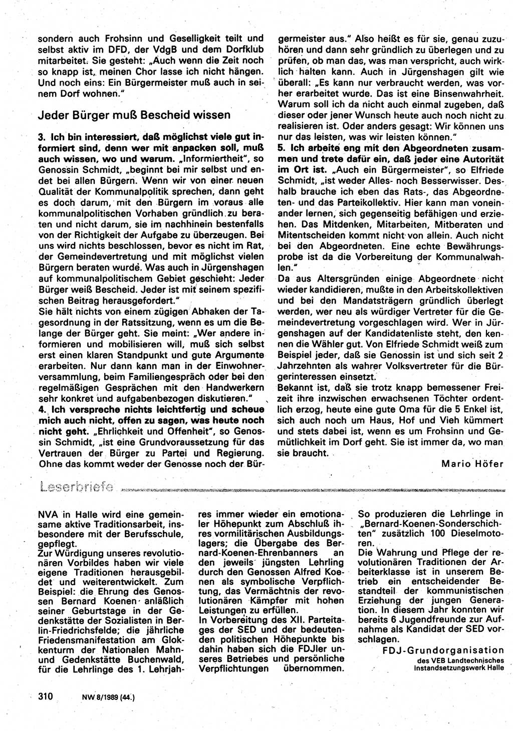 Neuer Weg (NW), Organ des Zentralkomitees (ZK) der SED (Sozialistische Einheitspartei Deutschlands) für Fragen des Parteilebens, 44. Jahrgang [Deutsche Demokratische Republik (DDR)] 1989, Seite 310 (NW ZK SED DDR 1989, S. 310)