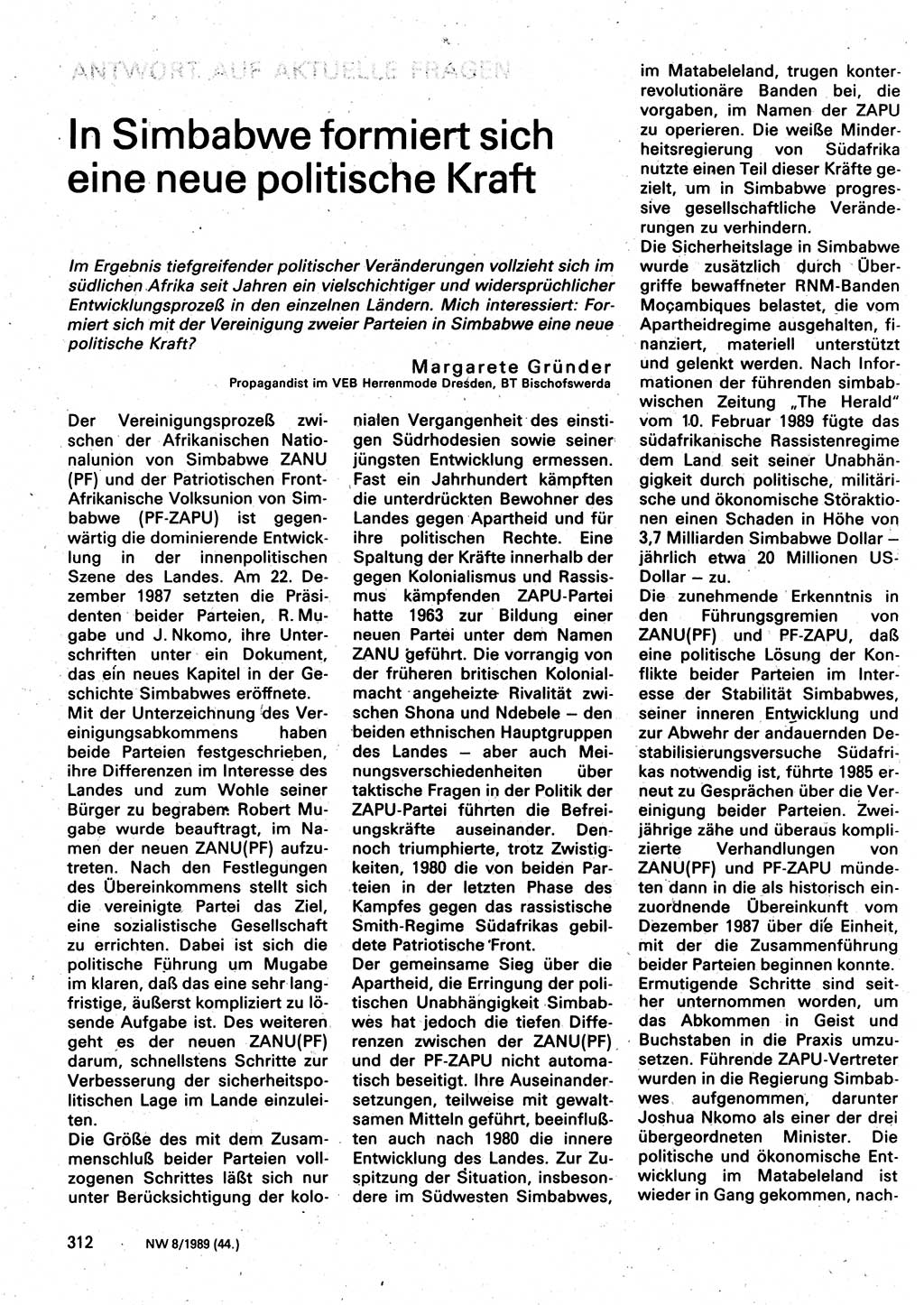 Neuer Weg (NW), Organ des Zentralkomitees (ZK) der SED (Sozialistische Einheitspartei Deutschlands) für Fragen des Parteilebens, 44. Jahrgang [Deutsche Demokratische Republik (DDR)] 1989, Seite 312 (NW ZK SED DDR 1989, S. 312)