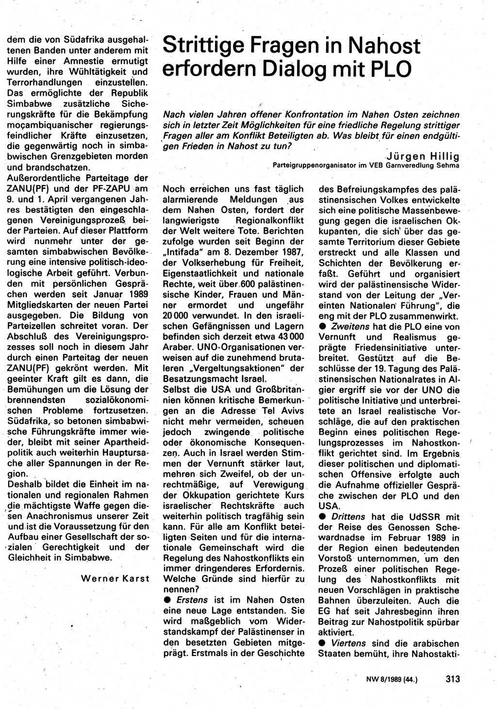 Neuer Weg (NW), Organ des Zentralkomitees (ZK) der SED (Sozialistische Einheitspartei Deutschlands) für Fragen des Parteilebens, 44. Jahrgang [Deutsche Demokratische Republik (DDR)] 1989, Seite 313 (NW ZK SED DDR 1989, S. 313)