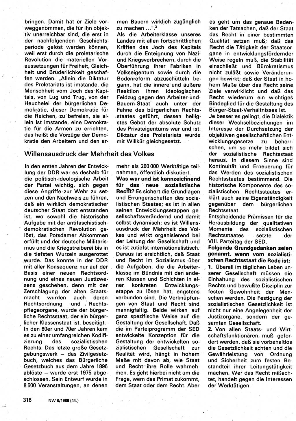 Neuer Weg (NW), Organ des Zentralkomitees (ZK) der SED (Sozialistische Einheitspartei Deutschlands) für Fragen des Parteilebens, 44. Jahrgang [Deutsche Demokratische Republik (DDR)] 1989, Seite 316 (NW ZK SED DDR 1989, S. 316)