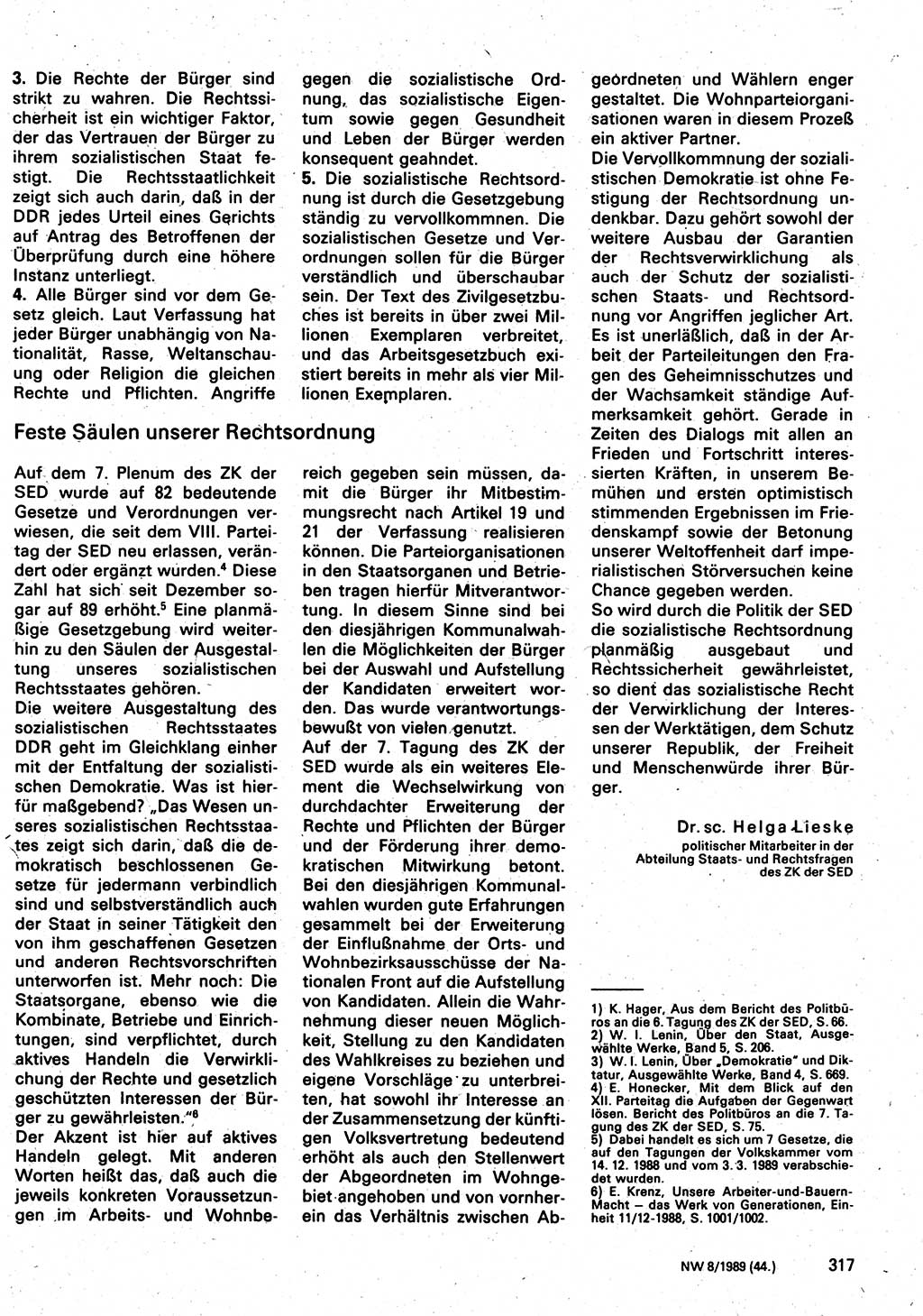 Neuer Weg (NW), Organ des Zentralkomitees (ZK) der SED (Sozialistische Einheitspartei Deutschlands) für Fragen des Parteilebens, 44. Jahrgang [Deutsche Demokratische Republik (DDR)] 1989, Seite 317 (NW ZK SED DDR 1989, S. 317)