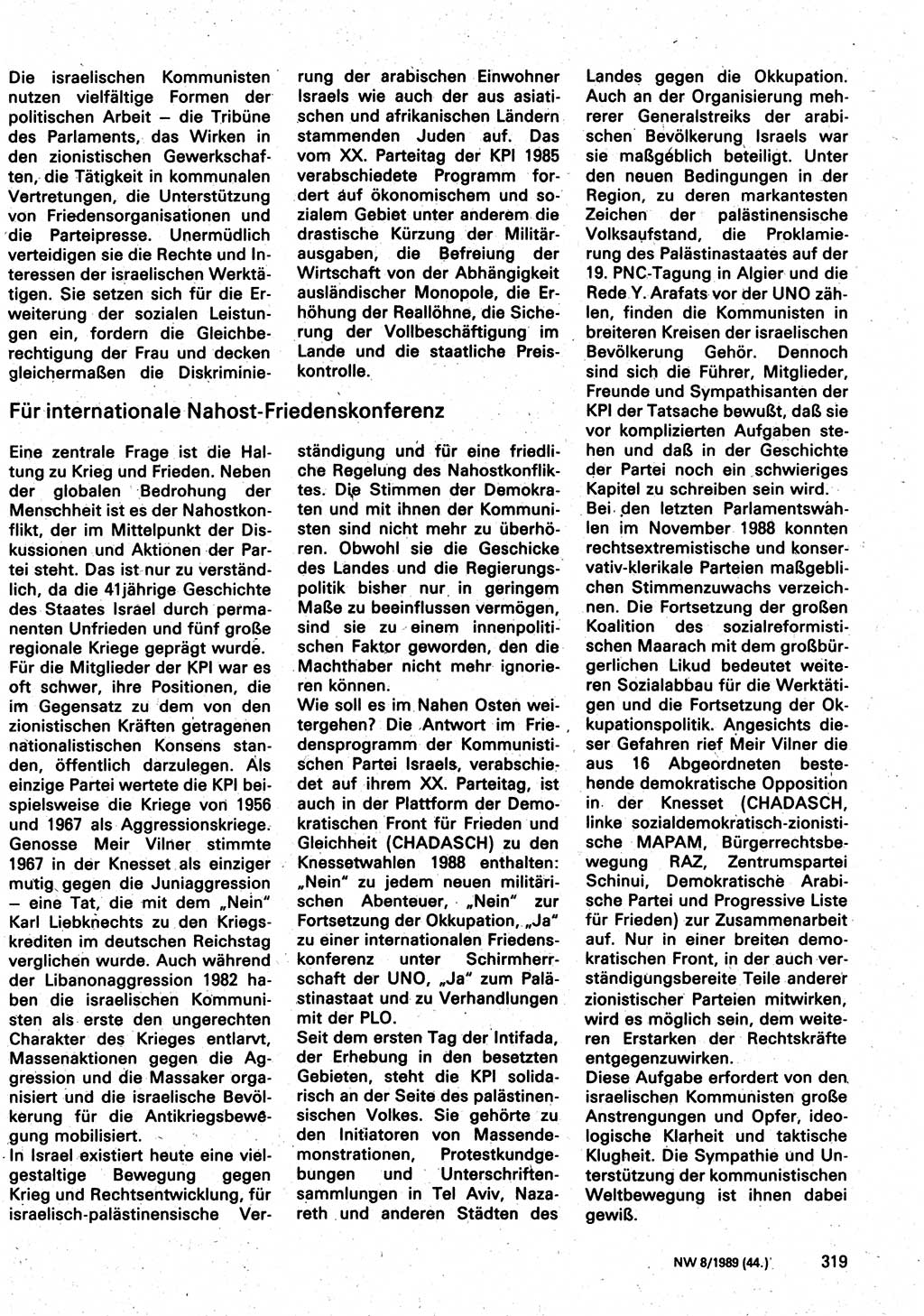 Neuer Weg (NW), Organ des Zentralkomitees (ZK) der SED (Sozialistische Einheitspartei Deutschlands) für Fragen des Parteilebens, 44. Jahrgang [Deutsche Demokratische Republik (DDR)] 1989, Seite 319 (NW ZK SED DDR 1989, S. 319)