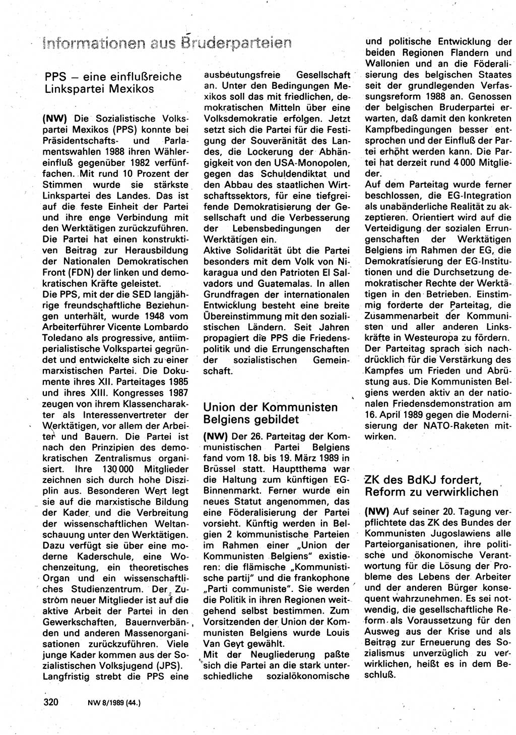 Neuer Weg (NW), Organ des Zentralkomitees (ZK) der SED (Sozialistische Einheitspartei Deutschlands) für Fragen des Parteilebens, 44. Jahrgang [Deutsche Demokratische Republik (DDR)] 1989, Seite 320 (NW ZK SED DDR 1989, S. 320)
