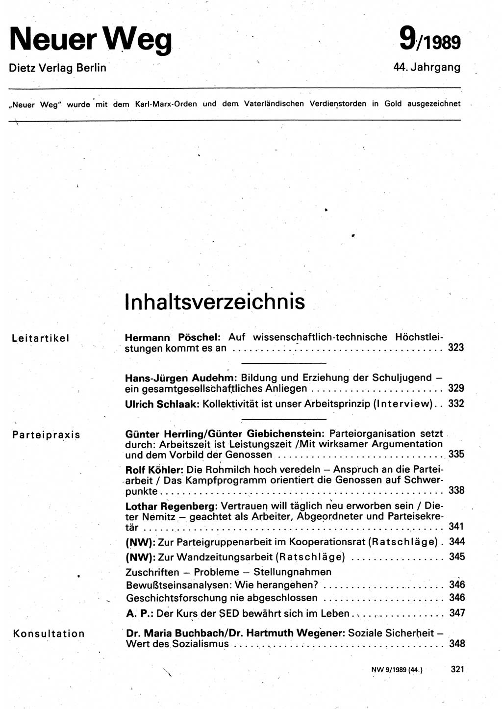 Neuer Weg (NW), Organ des Zentralkomitees (ZK) der SED (Sozialistische Einheitspartei Deutschlands) für Fragen des Parteilebens, 44. Jahrgang [Deutsche Demokratische Republik (DDR)] 1989, Seite 321 (NW ZK SED DDR 1989, S. 321)