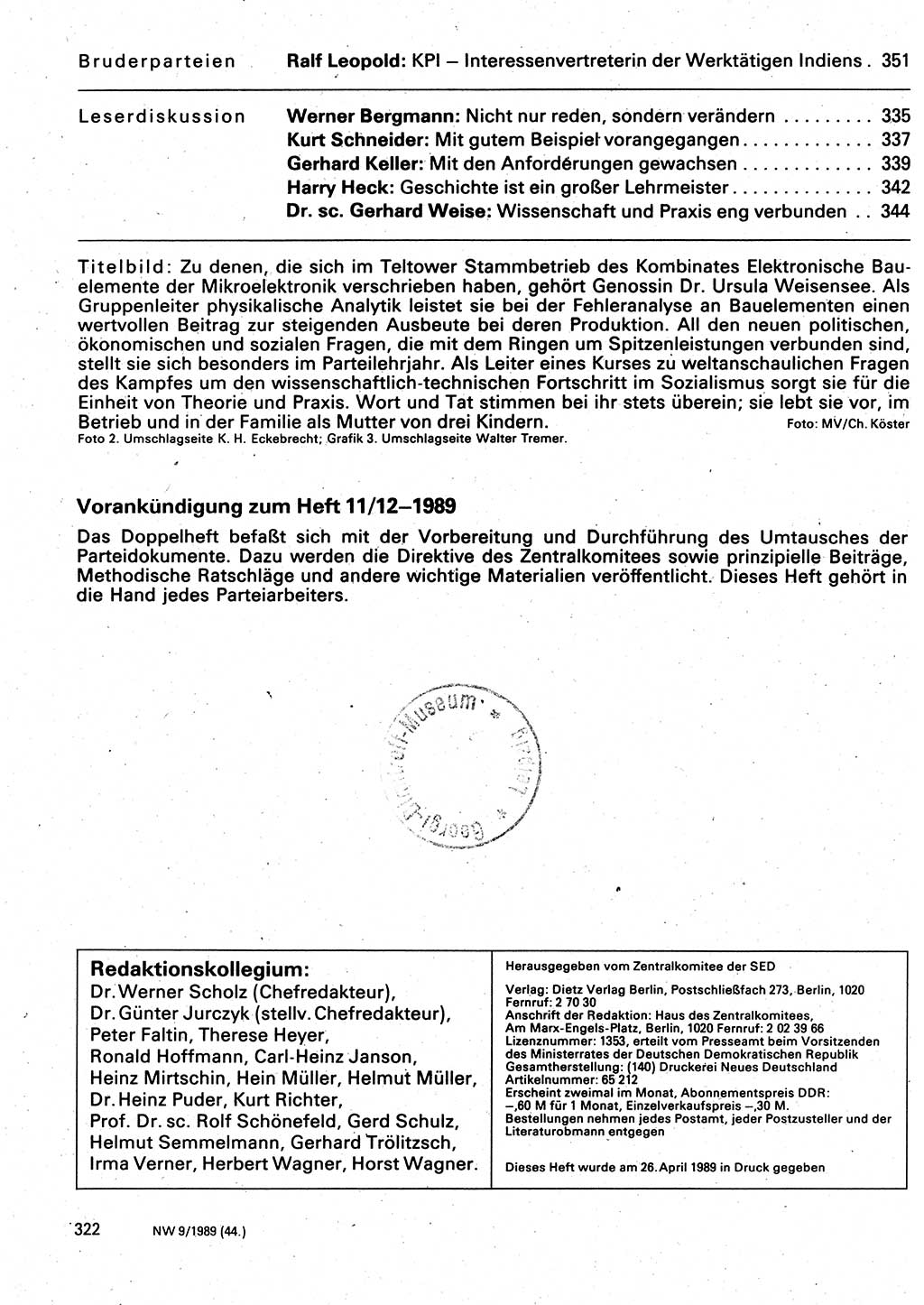 Neuer Weg (NW), Organ des Zentralkomitees (ZK) der SED (Sozialistische Einheitspartei Deutschlands) für Fragen des Parteilebens, 44. Jahrgang [Deutsche Demokratische Republik (DDR)] 1989, Seite 322 (NW ZK SED DDR 1989, S. 322)