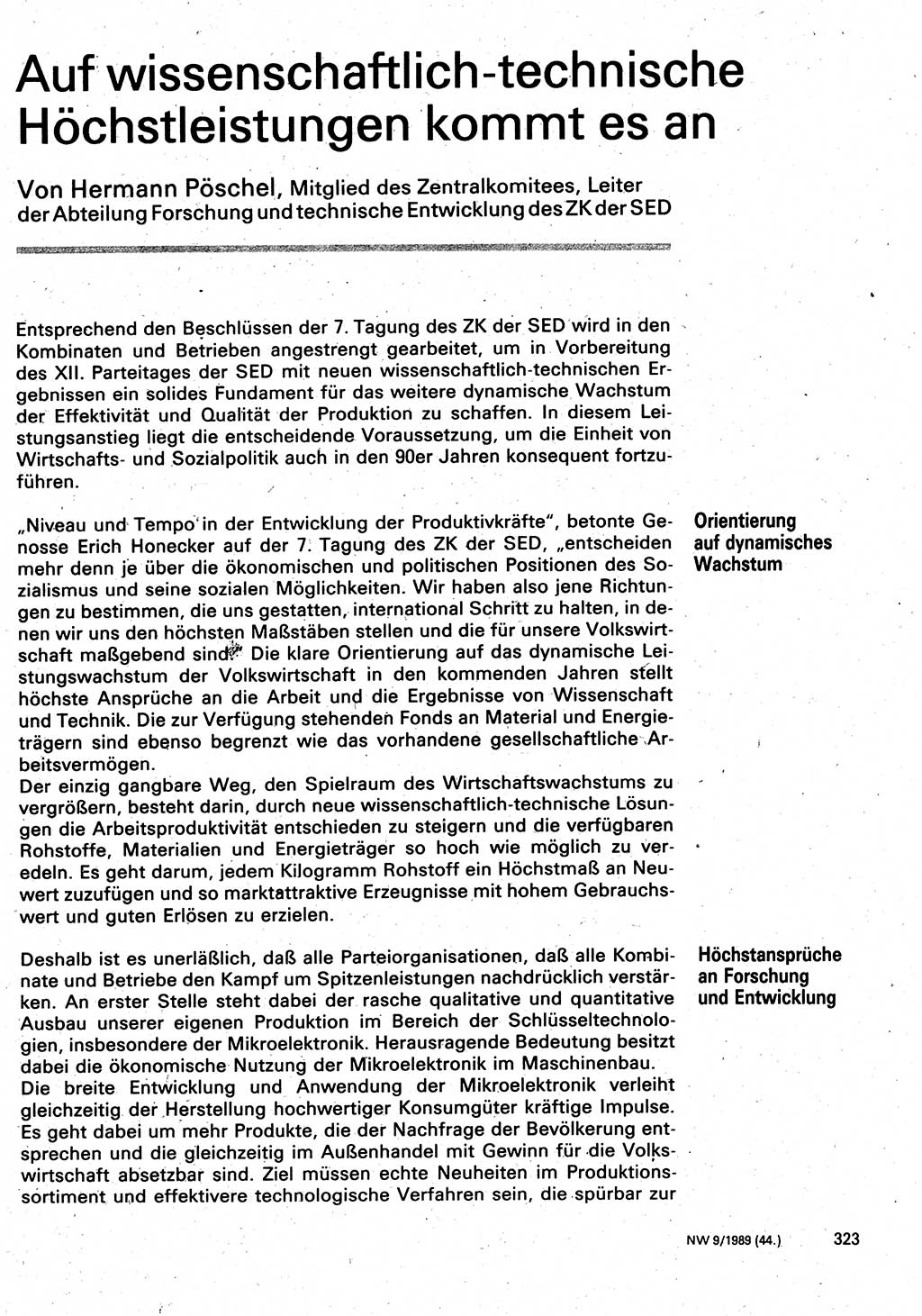 Neuer Weg (NW), Organ des Zentralkomitees (ZK) der SED (Sozialistische Einheitspartei Deutschlands) für Fragen des Parteilebens, 44. Jahrgang [Deutsche Demokratische Republik (DDR)] 1989, Seite 323 (NW ZK SED DDR 1989, S. 323)