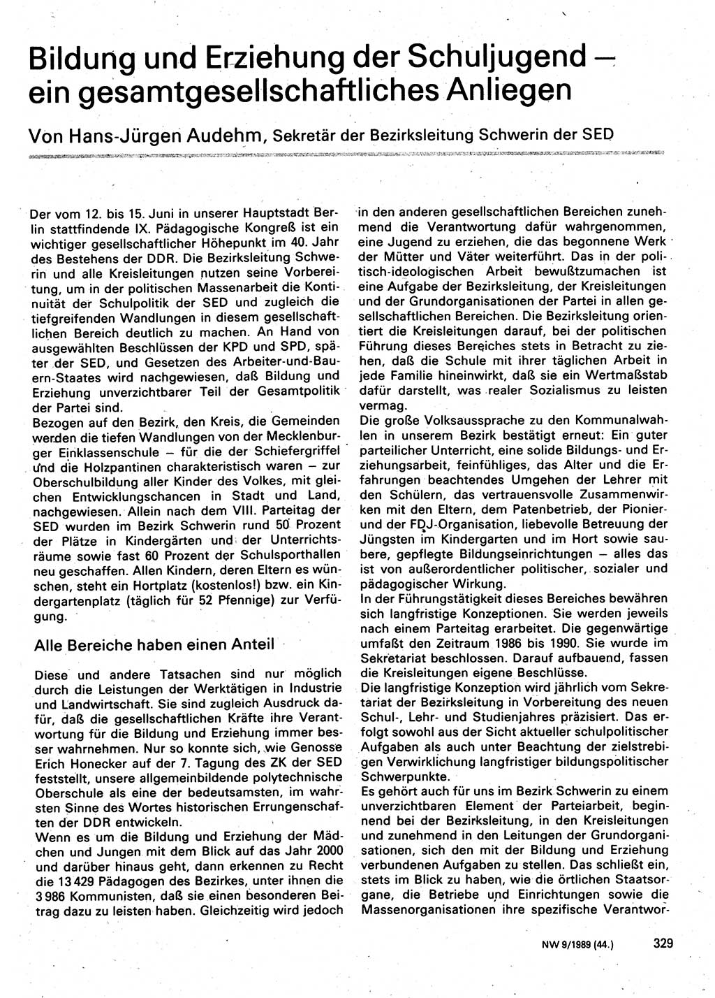 Neuer Weg (NW), Organ des Zentralkomitees (ZK) der SED (Sozialistische Einheitspartei Deutschlands) für Fragen des Parteilebens, 44. Jahrgang [Deutsche Demokratische Republik (DDR)] 1989, Seite 329 (NW ZK SED DDR 1989, S. 329)