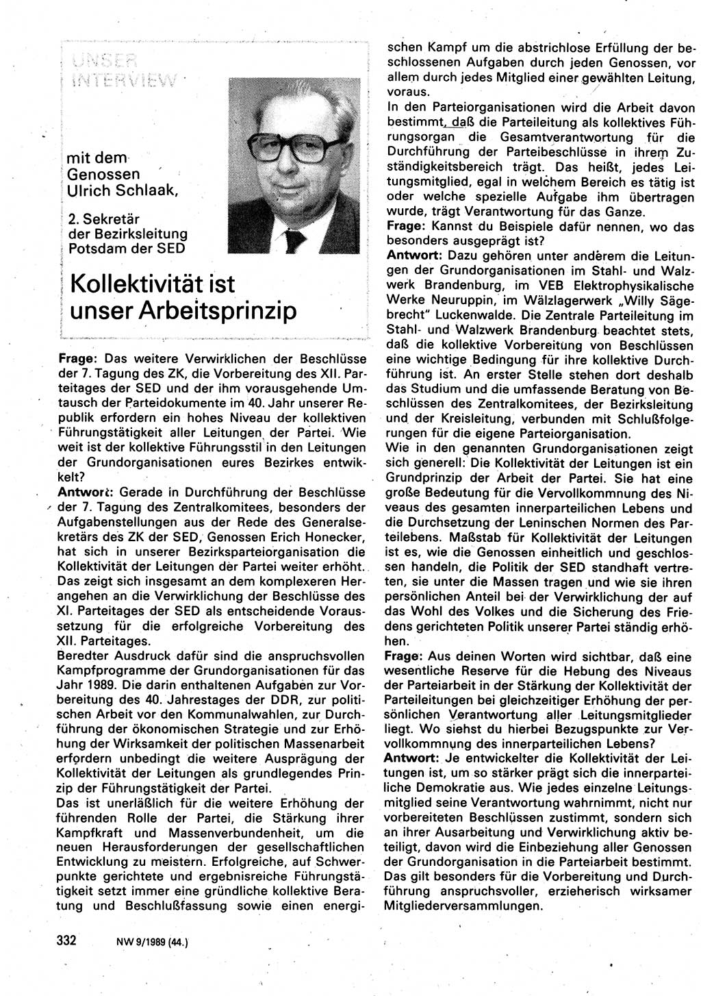 Neuer Weg (NW), Organ des Zentralkomitees (ZK) der SED (Sozialistische Einheitspartei Deutschlands) für Fragen des Parteilebens, 44. Jahrgang [Deutsche Demokratische Republik (DDR)] 1989, Seite 332 (NW ZK SED DDR 1989, S. 332)