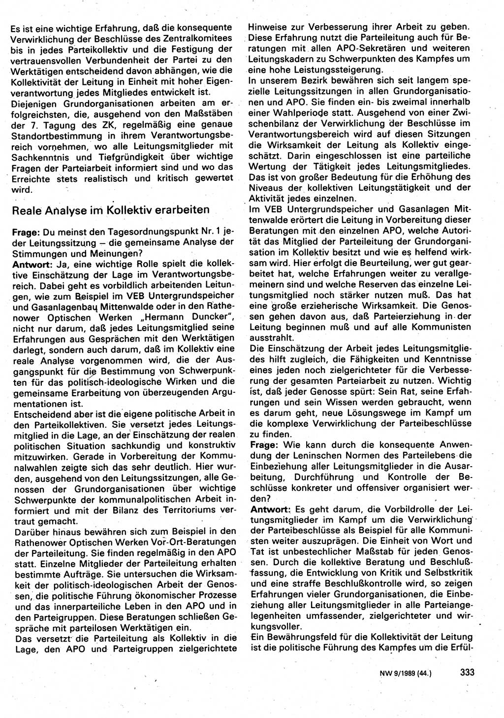 Neuer Weg (NW), Organ des Zentralkomitees (ZK) der SED (Sozialistische Einheitspartei Deutschlands) für Fragen des Parteilebens, 44. Jahrgang [Deutsche Demokratische Republik (DDR)] 1989, Seite 333 (NW ZK SED DDR 1989, S. 333)