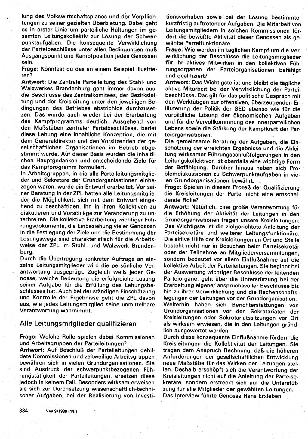 Neuer Weg (NW), Organ des Zentralkomitees (ZK) der SED (Sozialistische Einheitspartei Deutschlands) für Fragen des Parteilebens, 44. Jahrgang [Deutsche Demokratische Republik (DDR)] 1989, Seite 334 (NW ZK SED DDR 1989, S. 334)