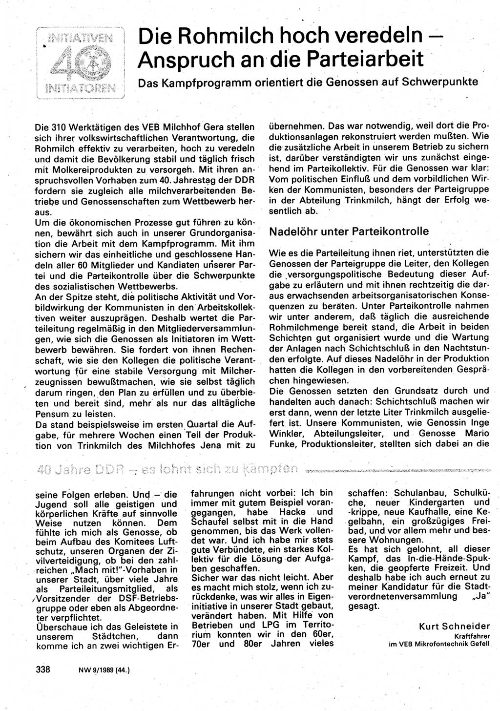 Neuer Weg (NW), Organ des Zentralkomitees (ZK) der SED (Sozialistische Einheitspartei Deutschlands) für Fragen des Parteilebens, 44. Jahrgang [Deutsche Demokratische Republik (DDR)] 1989, Seite 338 (NW ZK SED DDR 1989, S. 338)